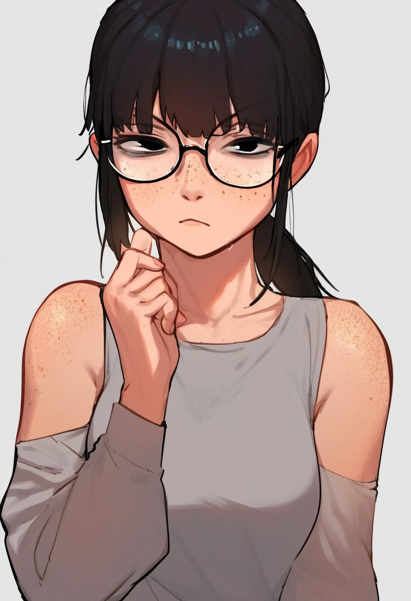 score_9, score_8_up, score_7_up, score_6_up, score_5_up, score_4_up, source_anime BREAK
Solo, 1girl, librarian, freckles, glasses, black eyes, black hair, ponytail, bangs, looking at viewer