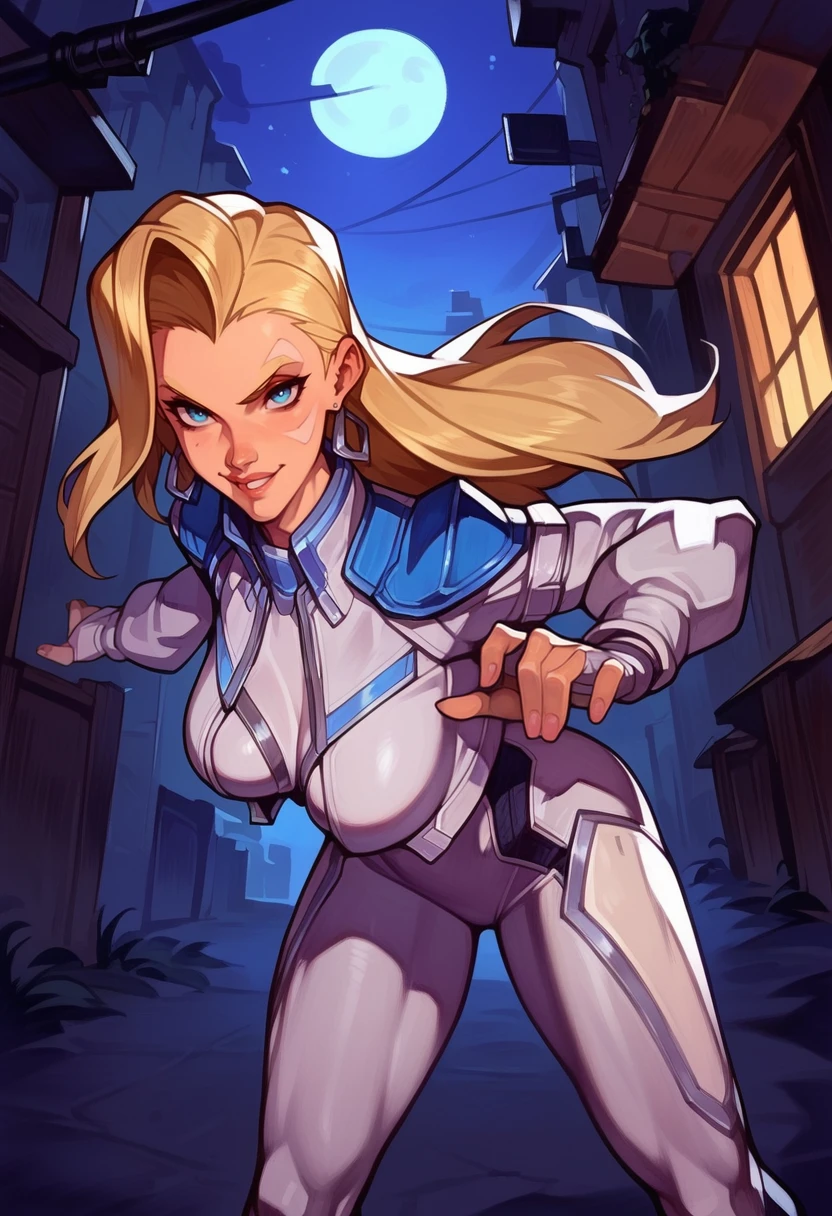 score_9, score_8_up, score_7_up, score_6_up, expressiveh, dagger_rivals, 1girl, solo, blue eyes, blonde hair, long hair, eyeliner, moon mark, earrings, cropped jacket, open jacket, bodysuit, white bodysuit, white clothes, fingerless gloves, blue details, looking at viewer, urban, city, night, alleyway, starry night, detailed background, posing, dynamic angle, dynamic pose, godrays, dynamic light, dramatic light, sexy pose, seductive pose, smile, seductive smile, perfect body, sexy, seductive, looking at viewer, cropped, cowboy shot,sexy pose, seductive pose, biting lips, horny, slut, leaning forward, leaning in, from below, breasts focus, <lora:[GP] somethingweird [Pony XL]:1> <lora:Dagger_Marvel_Rivals_-_PonyXL:0.7>