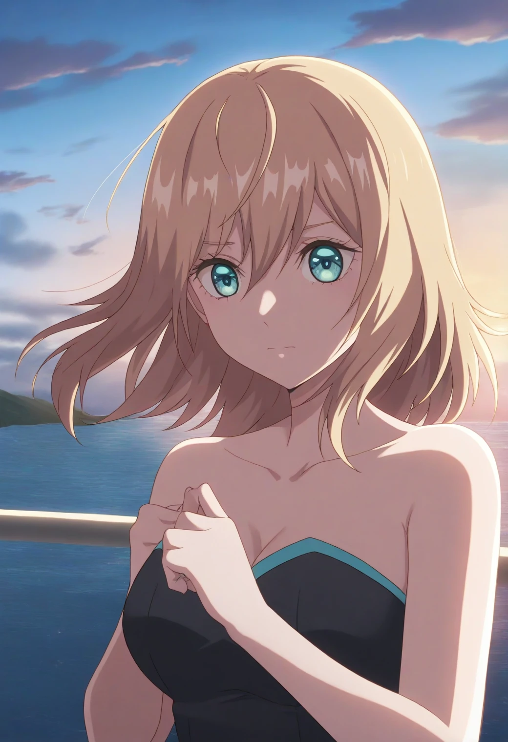 <lora:Olivia - [Otome Game Sekai wa Mob ni Kibishii Sekai desu] - illustriousXL v1:1>, sysdeep_olivia, blonde hair, medium hair, turquoise eyes, solo Seaside cliffs, strapless dress, wind-swept hair, thoughtful pose, style parody