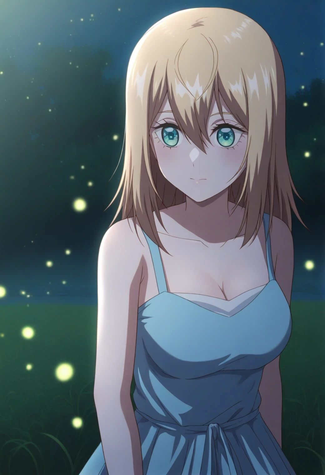 <lora:Olivia - [Otome Game Sekai wa Mob ni Kibishii Sekai desu] - illustriousXL v1:1>, sysdeep_olivia, blonde hair, medium hair, turquoise eyes, solo sleeveless dress, moonlit meadow, fireflies surrounding, tranquil setting, style parody