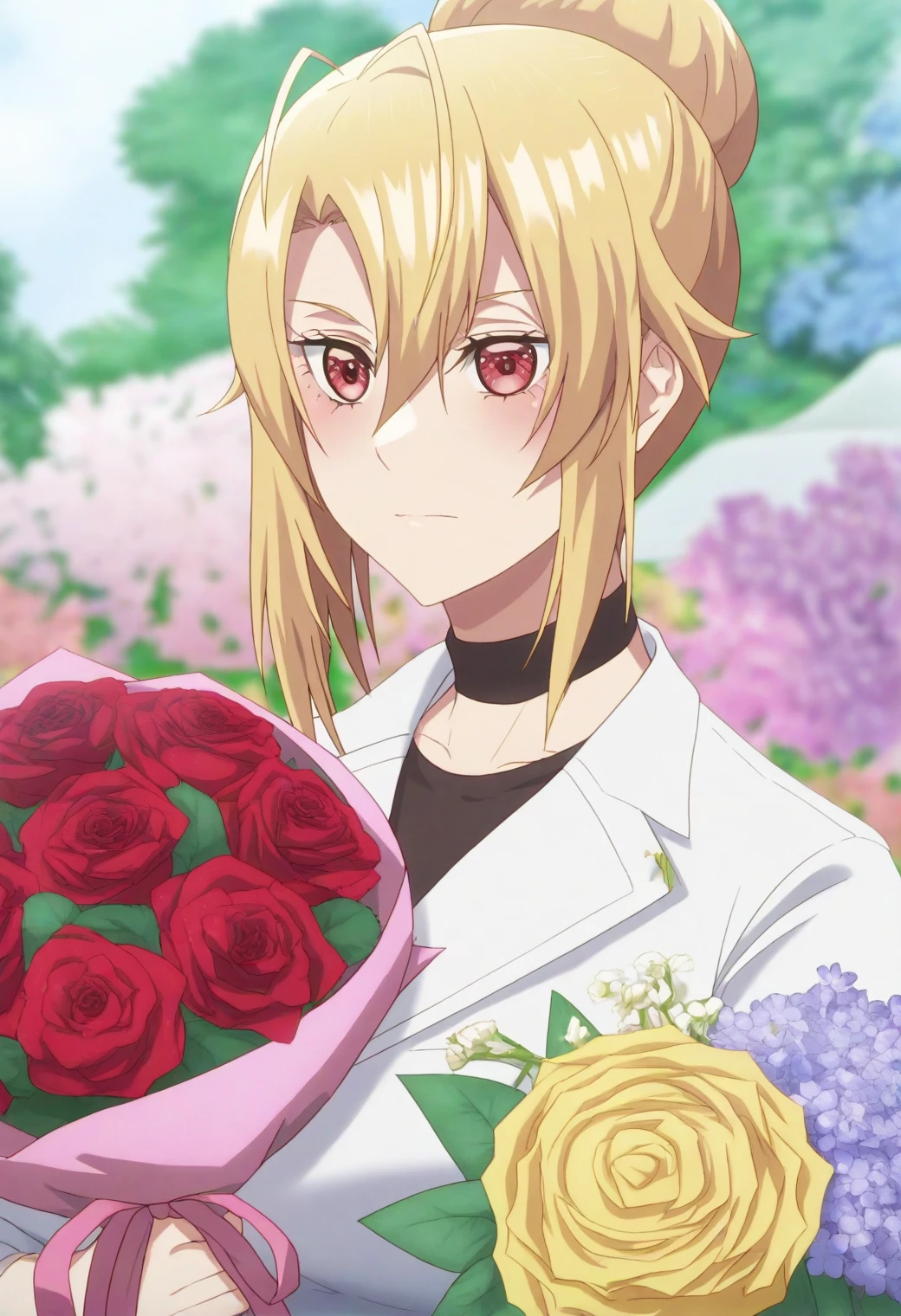 <lora:Angelica Rapha Redgrave - [Otome Game Sekai wa Mob ni Kibishii Sekai desu] - illustriousXL v1:1>, sysdeep_angelica, blond hair, red eyes, short hair, hair bun, solo Flower market, casual outfit, holding bouquet, surrounded by colors, style parody