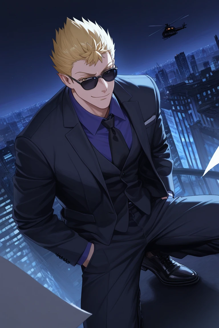 realistic shading, male focus, looking at viewer, expressive face, sabnockwdik, blonde_sabnockwdik_spiked hair, yellow_sabnockwdik_eyes, 1boy, squatting, smug, hands in pocket, covered eyes, shiny skin, formal attire, sunglasses, suit, pants, black footwear, outdoors, floating object, floating papers, night sky, dark, white bird, helicopter, cityscape, city lights, from above, dutch angle, dynamic angle, intricately detailed illustration, depth of field, masterpiece, best quality, amazing quality, very aesthetic, absurdres, newest