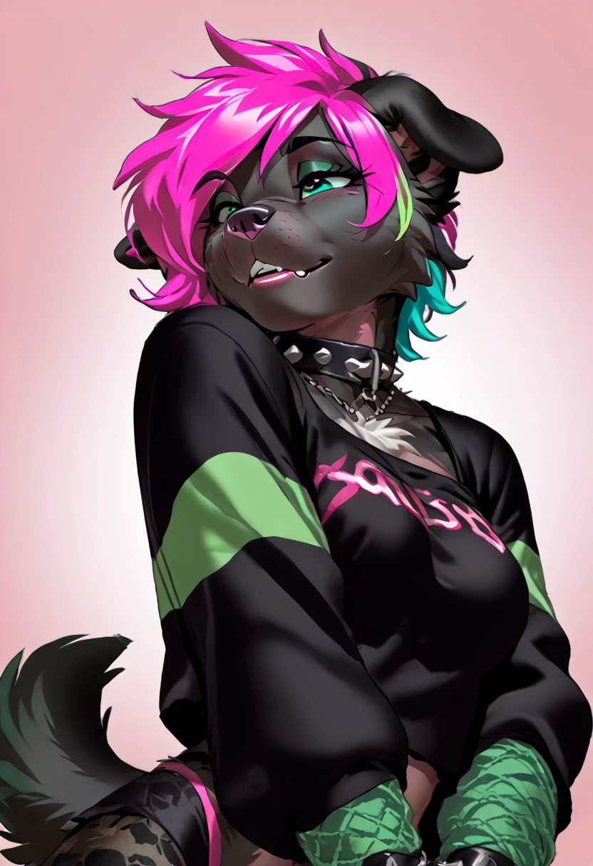 score_9, score_8_up, score_7_up, (by kittydee:1.5), (by jailbird:1.5), (by zummeng:1.5), masterpiece, best quality,    
(Furry Art: Anthro: Cane Corso:1.5), 1girl, expressive eyes, feminine eyes, perfect face, feminine face, dog, canine, cropped dog ears, cropped dog tail, dark fur, black fur, (pink hair with aqua green highlights:1.5), spiky hair, pixie cut hair, medium breasts, gothic clothing,