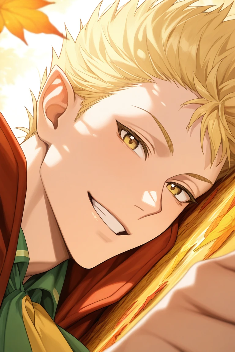 realistic shading, natural lighting, looking at viewer, expressive face, smiling, sabnockwdik, blonde_sabnockwdik_spiked hair, yellow_sabnockwdik_eyes, 1boy, parted lips, happy, close-up, suggestive, shiny skin, autumn clothes, ascot, lying on side, male focus, dappled sunlight, glistening, autumn leaf, large autumn leaf, water, intimate-POV theme, dutch angle, dynamic angle, intricately detailed illustration, depth of field, masterpiece, best quality, amazing quality, very aesthetic, absurdres, newest, anime screencap