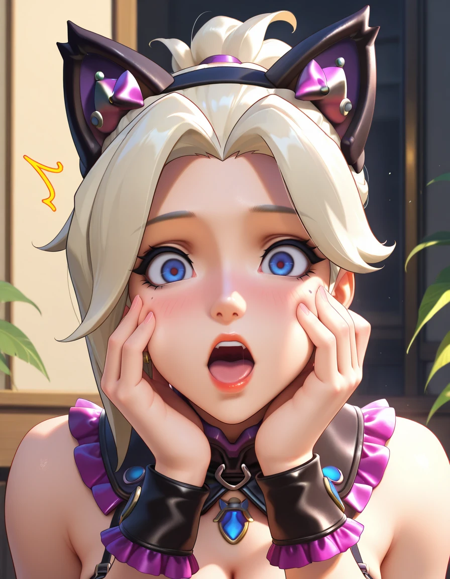 Masterpiece, high-res, 2k, best quality,   1 girl  , mercy (overwatch),  mercy kitty <lora:Mercy Kitty-000040:1> Hands on the cheeks looking surprised