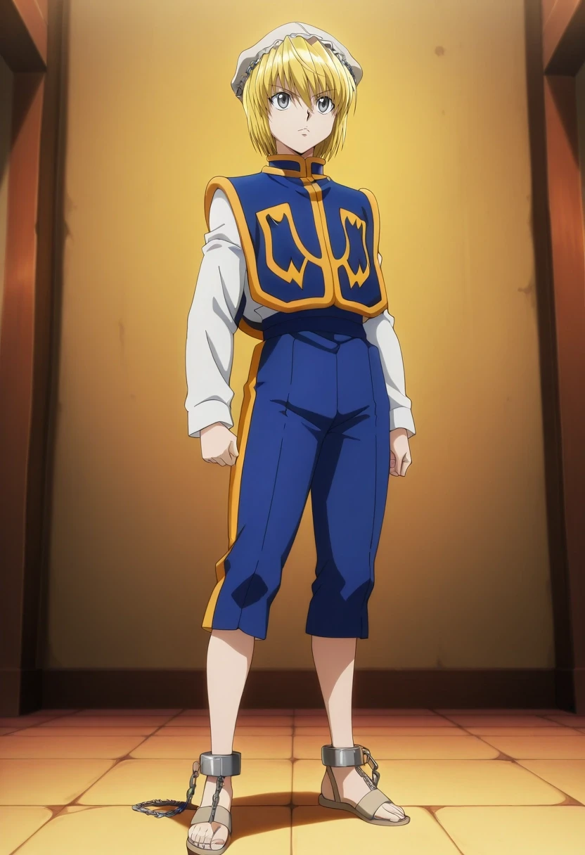 masterpiece, best quality, intricate details, anime screencap, anime coloring, official style, , , 1boy, solo, male focus, <lora:kurapika_hxh_ilxl:0.9>, kurapika_hxh, blonde hair, grey eyes, short hair, bangs, hair between eyes, chain, , Stretch chinos, Quarter-zip pullover, Sandals, Greek fisherman's cap, and