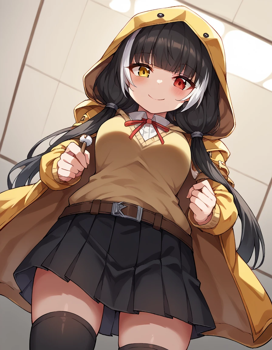 score_9, score_8_up, score_7_up, source_anime, <lora:girlsfrontline-ro635-ponyxl-lora-nochekaiser:1>, ro635, black hair, twintails, heterochromia, red eyes, yellow eyes, streaked hair, white hair, blunt bangs, low-tied twintails, long hair, multicolored hair,, shirt, white shirt, sweater vest, belt, black gloves, black skirt, hood, hood jacket, jacket, kneehighs, pleated skirt, over-kneehighs, skirt, thighhighs, yellow jacket,, armory, weapons, armor, storage racks, military, , <lora:lap-pov-ponyxl-lora-nochekaiser:1>, lap pov, lap pillow, from below, ceiling, looking down, pov, blush, smile,, looking at viewer, solo,, dutch angle, cowboy shot