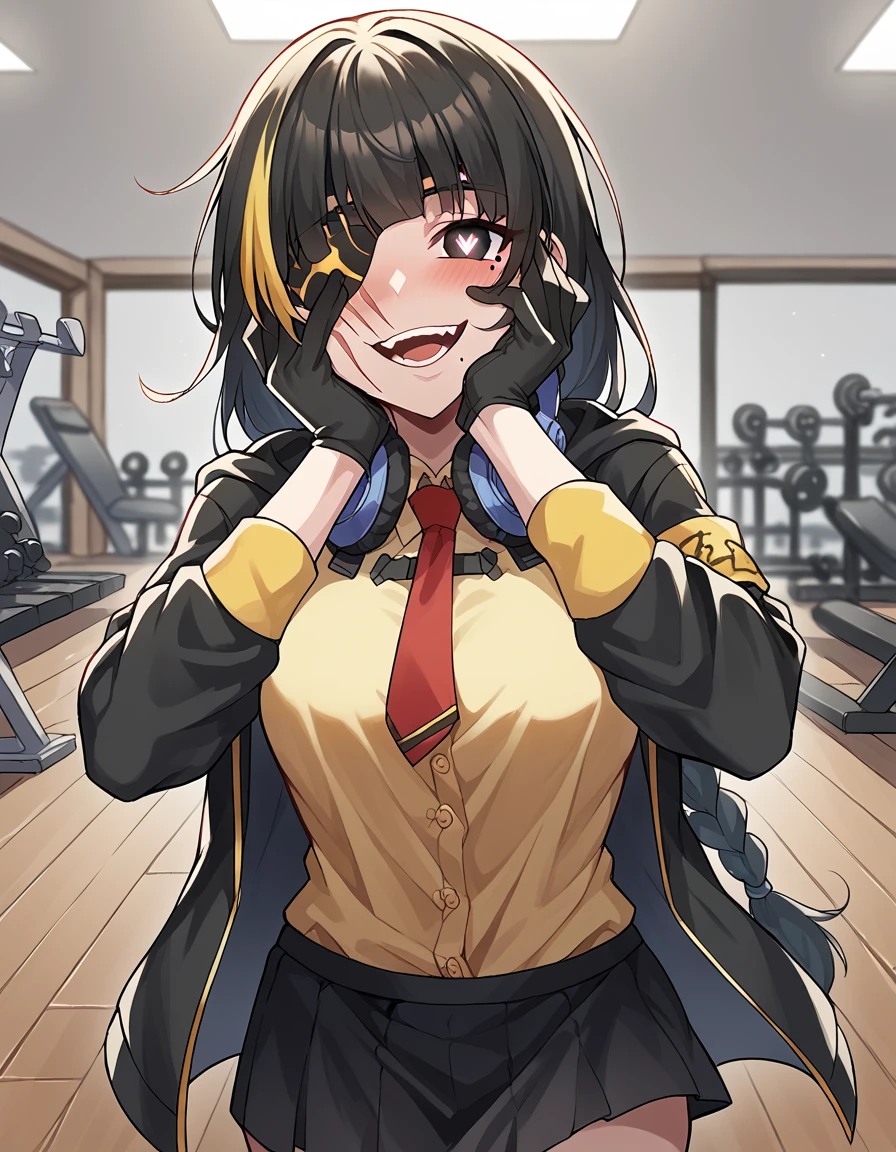 score_9, score_8_up, score_7_up, source_anime, <lora:girlsfrontline-m16a1-ponyxl-lora-nochekaiser:1>, m16a1, black hair, long hair, black eyes, streaked hair, yellow hair, bangs, braid, braided ponytail, eyepatch, mole, mole under eye, scar, scar on face,, armband, asymmetrical legwear, black gloves, black jacket, black legwear, black skirt, buttons, gloves, headphones, headphones around neck, hood, hooded jacket, jacket, knee pads, necktie, skirt, strap, unevent legwear, shirt, yellow shirt, hood down, mature female, medium breasts,, gym, weights, treadmill, mirrors, exercise, smile, <lora:yandere-trance-ponyxl-lora-nochekaiser:1>, yandere trance, yandere, hands on own cheeks, hands on own face, crazy eyes, crazy smile, crazy, heart-shaped pupils, glowing eyes, symbol-shaped pupils, hand on own face, open mouth, glowing, blush, looking at viewer,, looking at viewer, solo,, dutch angle, cowboy shot