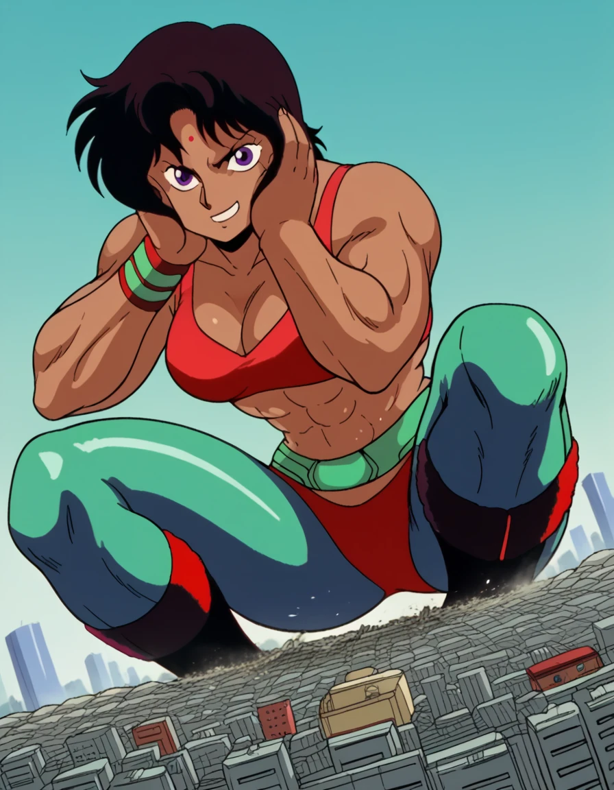 score_9, score_8_up, score_7_up, source_anime, <lora:sandra-guts-ova-ponyxl-lora-nochekaiser:1>, sandra guts, short hair, black hair, dark skin, dark-skinned female, muscular, muscular female, purple eyes, facial mark, 1990s (style), official style, anime coloring, retro artstyle, abs, sports bra, cleavage, pants,, gym, weights, treadmill, mirrors, exercise, smile, <lora:giantess-ponyxl-lora-nochekaiser:1> giantess, giant, city, building, outdoors, destruction, sitting, squatting, hands on own cheeks,, looking at viewer, solo,, dutch angle, cowboy shot