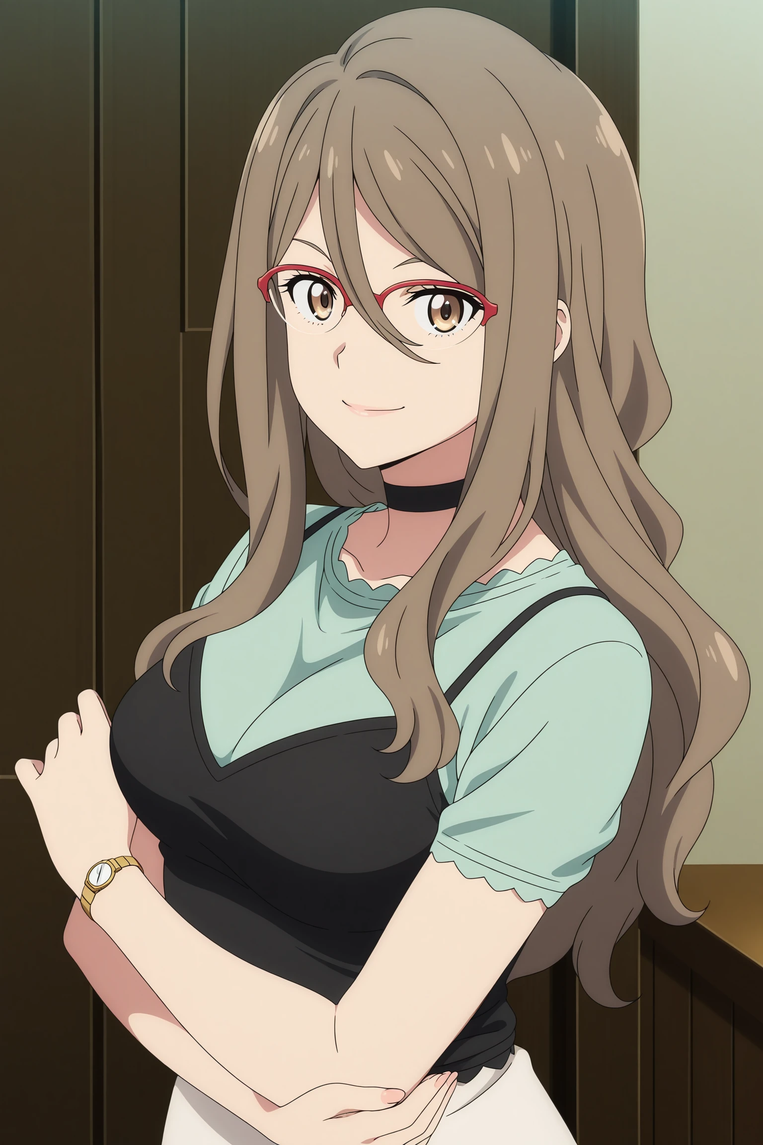 masterpiece, best quality, amazing quality, highres, absurdres, very aesthetic, high resolution, ultra detailed, perfect details, 1girl, solo, indoors, living room, medium breasts,nakahara mizuki, brown hair, long hair, hair between eyes, sidelocks, red-framed eyewear, over-rim eyewear, brown eyes, choker, green shirt, short sleeves, black camisole, wristwatch, grey skirt, pencil skirt, black pantyhose, black footwear, high heels, <lora:Mizuki_Nakahara_ILXL:0.8>, (aged up:1.2), looking at viewer, (upper body:1.6), smile, (pose:1.5), anime screencap, anime coloring