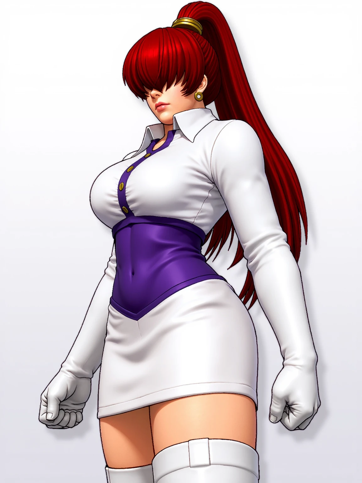 photo of Shermie The King of Fighters features a character with striking long red hair styled in a ponytail secured with a gold ring. She wears a fitted white blouse that ends just above her waist, accentuating her form. The top is complemented by a purple sash that ties around her waist, creating a dynamic contrast. Her bottom attire consists of a sleek white skirt that hugs her curves, enhancing her athletic build. She has thigh-high white boots that add to her stature and give her a powerful appearance. The pose she strikes suggests confidence and grace, with her body turned slightly to one side and one hand poised, suggesting readiness and strength. The background has a gradient effect that enhances her striking figure.