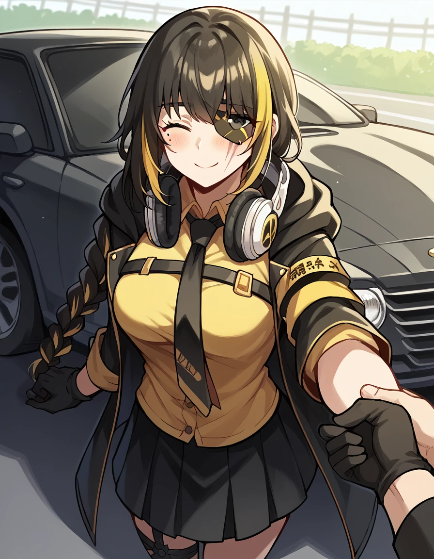 score_9, score_8_up, score_7_up, source_anime, <lora:girlsfrontline-m16a1-ponyxl-lora-nochekaiser:1>, m16a1, black hair, long hair, black eyes, streaked hair, yellow hair, bangs, braid, braided ponytail, eyepatch, mole, mole under eye, scar, scar on face,, armband, asymmetrical legwear, black gloves, black jacket, black legwear, black skirt, buttons, gloves, headphones, headphones around neck, hood, hooded jacket, jacket, knee pads, necktie, skirt, strap, unevent legwear, shirt, yellow shirt, hood down, mature female, medium breasts,, road, cars, asphalt, travel, speed, smile, <lora:guided-hand-on-cheek-ponyxl-lora-nochekaiser:1>, guided hand on cheek, hand grab, hand on another's cheek, hand on another's face, looking at viewer, pov, pov hands, smile, blush, one eye closed, caress, caressing cheek, looking at viewer, solo,, dutch angle, cowboy shot