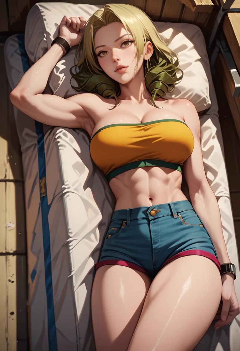 Masterpiece, highest quality, high resolution, solo, indoor, staggered bra, side-tied thong , lying down, from above, arms open, exaggerated thighs, sexual expression, detail maniac, high definition, high quality, detailed face, detailed body limbs, detailed five fingers, 1girl, solo, Hinata Hinata, Hyuga sleeveless clothing, bed, sleeveless shirt, fishnet garment, dark lips, unzipped jacket, no bra, exposed breasts, blushing,,white light stockings, transparent clothes, pubic hair exposed, Camel fingers, R18, realistic