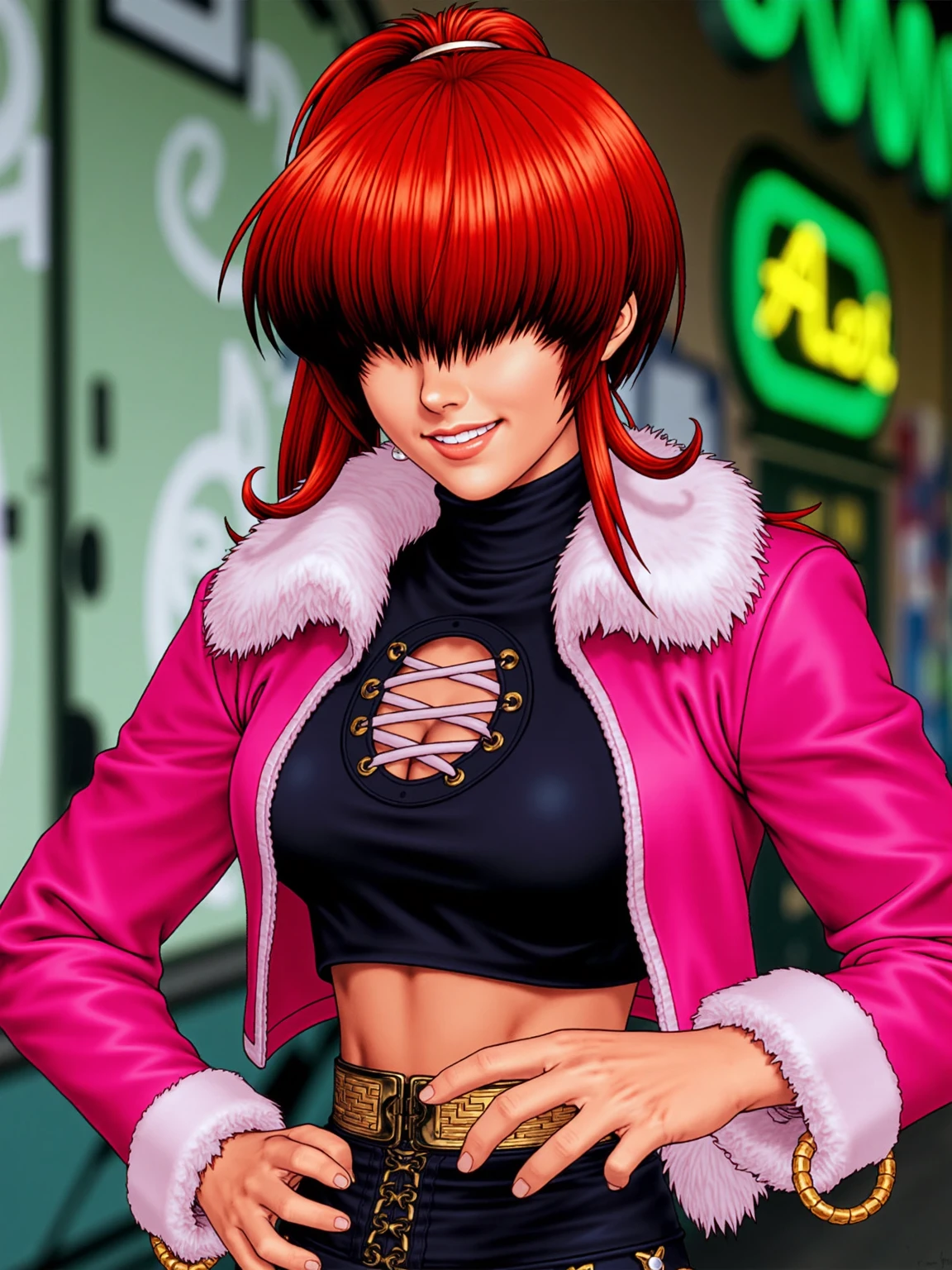 1990s anime portrait Shermie The King of Fighters is depicted with striking vibrant red hair that falls just above her shoulders, framing her face and partially obscuring her eyes. Hands on lips, evil laugh, ponytail hair. Shinkiro Style. Smile. She wears a bold pink jacket that features a high collar, with fluffy white accents around the cuffs. The jacket is open at the front, revealing a form-fitting black top that accentuates her figure. The top has a unique lacing design that extends down the center, enhancing her confident appearance. She pairs this ensemble with a black skirt adorned with intricate details, complemented by a chain accessory. Shermie's pose is confident, with one hand on her hip, exuding a playful yet assertive demeanor. Her overall look combines elements of elegance with a touch of edgy style.. Graffiti wall in the background, green neon lights