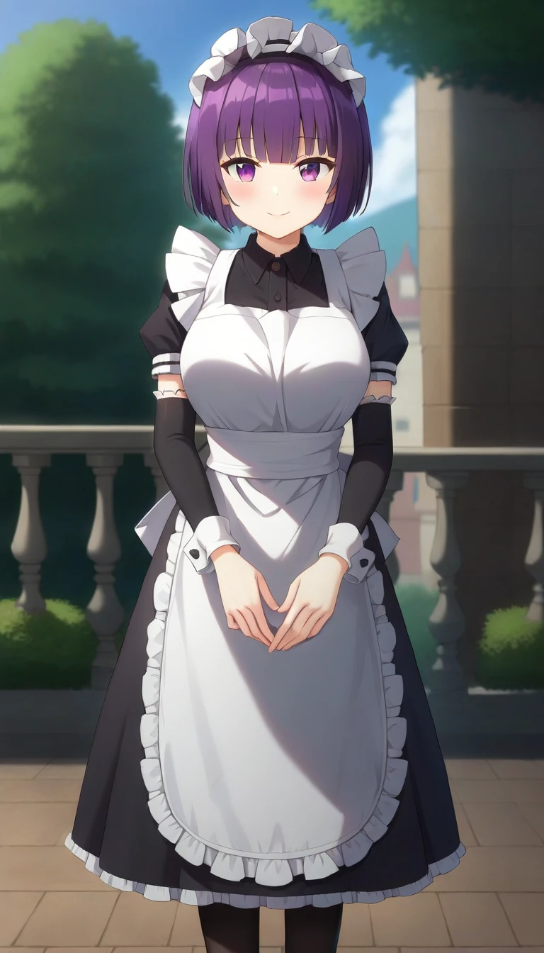 score_9,score_8_up,masterpiece,best quality,correct anatomy,anime_source,1girl,solo,perfect eyes,perfect arms,perfect legs,perfect face,outdoors,upper body,(portrait:1.5),looking at viewer,facing viewer,smile,blush,Eris,maid headdress,short hair,purple hair,bob cut,blunt bangs,purple eyes,frills,black dress,long dress,puffy sleeves,short sleeves,detached sleeves,wrist cuffs,long sleeves,large breasts,maid apron,white apron,frilled apron,black thighhighs,black footwear,<lora:Eris(tsdnod)-Pony:1.2>,