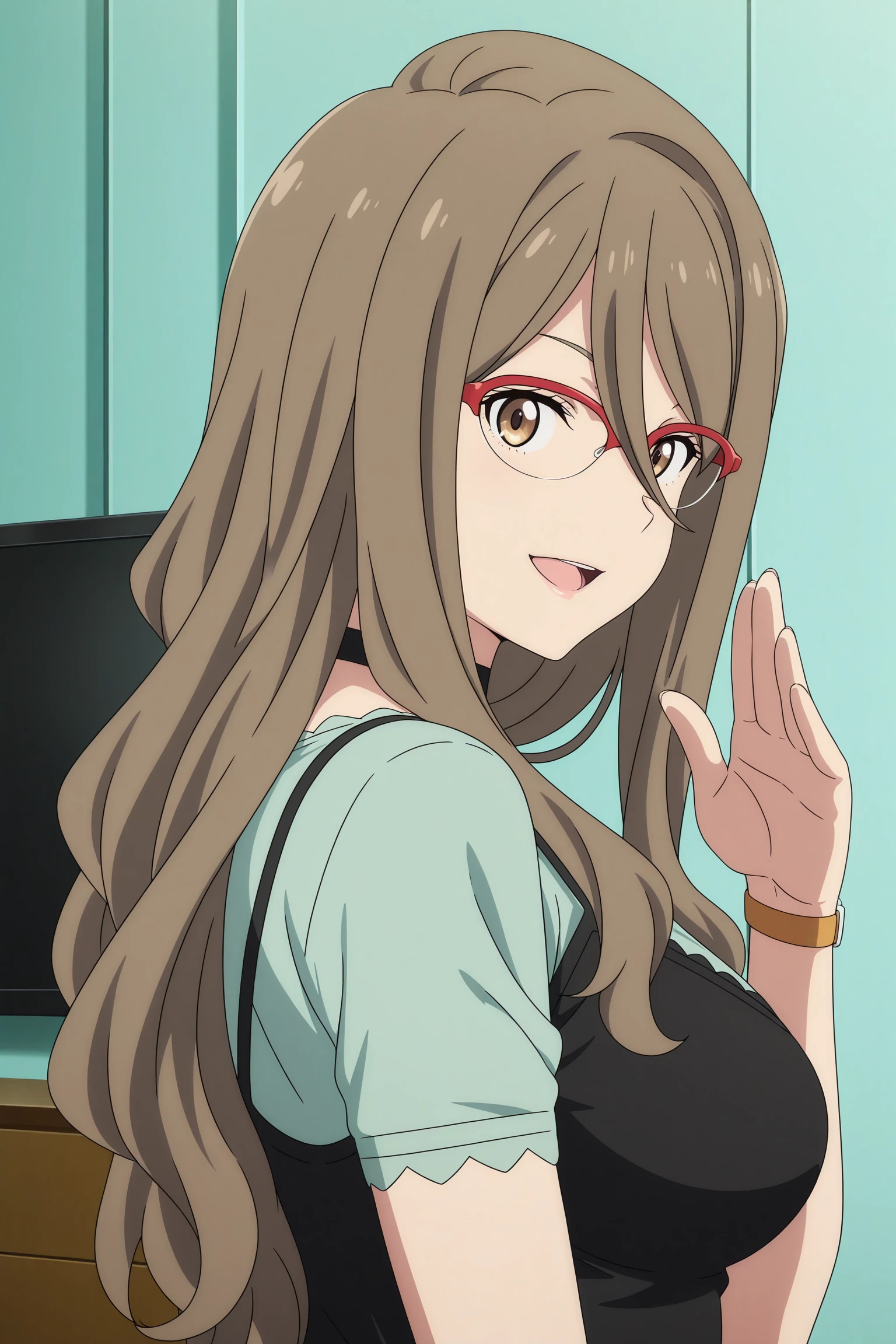 masterpiece, best quality, amazing quality, highres, absurdres, very aesthetic, high resolution, ultra detailed, perfect details, 1girl, solo, indoors, living room, medium breasts,nakahara mizuki, brown hair, long hair, hair between eyes, sidelocks, red-framed eyewear, over-rim eyewear, brown eyes, choker, green shirt, short sleeves, black camisole, wristwatch, grey skirt, pencil skirt, black pantyhose, black footwear, high heels, <lora:Mizuki_Nakahara_ILXL:0.8>, looking at viewer, (upper body:1.6), smile, (pose:1.5), anime screencap, anime coloring, open mouth