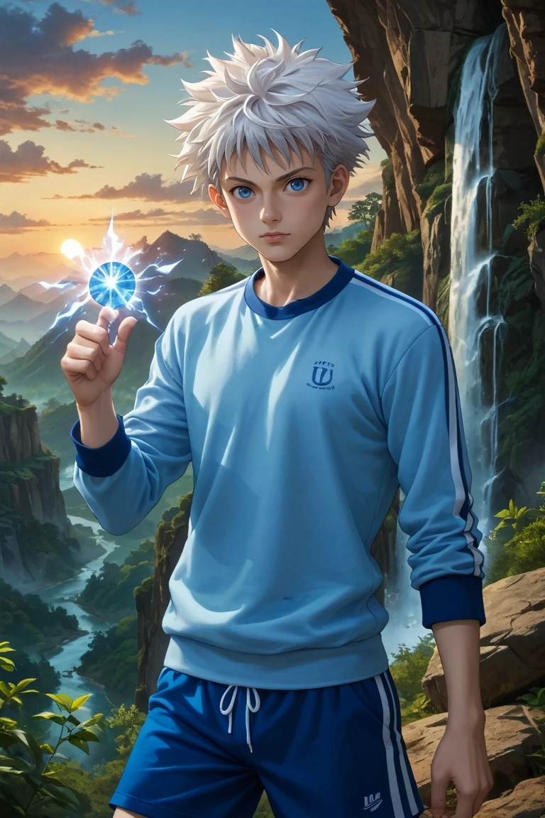 score_9, score_8_up, score_7_up, source_anime, rating_safe, intricate details, (photorealistic:0.6), looking at viewer, , 1boy, solo, male focus, <lora:killua_zoldyck_pony:0.9>, killua_zoldyck, white hair, blue eyes, short hair, spiked hair, bangs, messy hair, cliff, valley, floating island, waterfall, glowing crystal, mist, sunset, magic, mountain, panorama, triumphant pose, determined expression, male Aging gracefully Wholesome, Sub-Saharan African, Light blue eyes, Snub Nose, Square Chin, Smooth Cheeks, Receding Forehead, Oblong face shape, Sculpted Ankles, , Blue Comb-over hair, Gratitude, wearing Track shorts, Track sweatshirt, , ,, Arms raised in victory or celebration, <lora:sdxl_lightning_8step_lora:1>