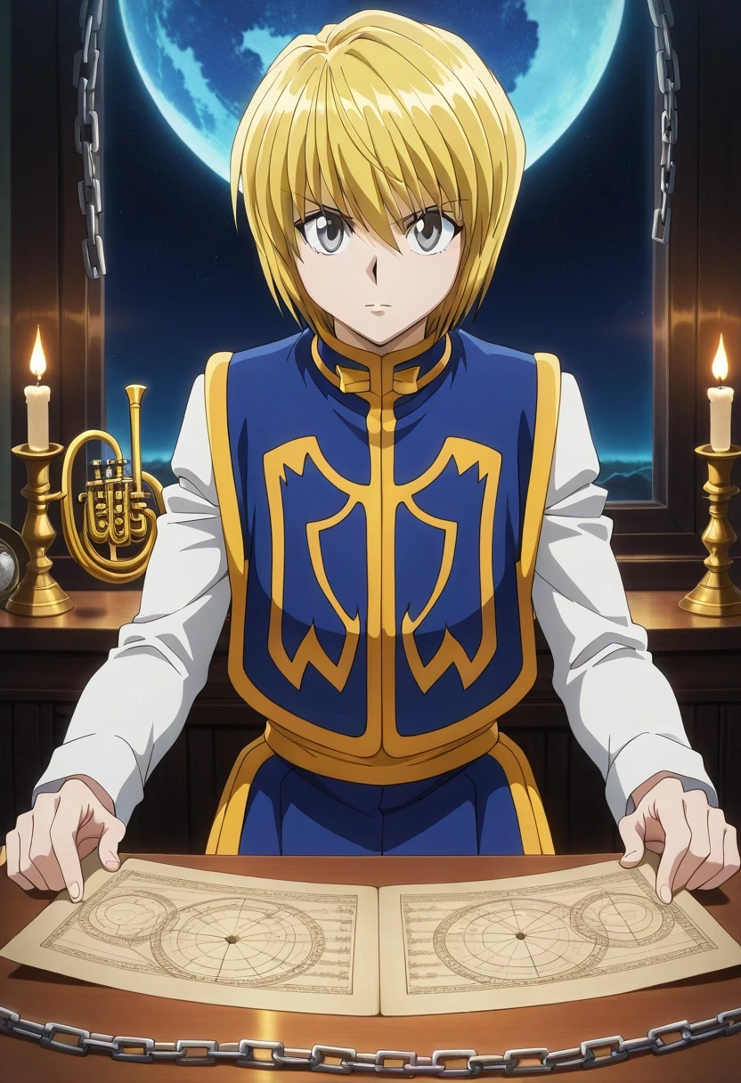 masterpiece, best quality, intricate details, anime screencap, anime coloring, , looking at viewer, , 1boy, solo, male focus, <lora:kurapika_hxh_ilxl:0.94>, kurapika_hxh, blonde hair, grey eyes, short hair, bangs, hair between eyes, chain, ancient observatory, stone circles, star map, brass instruments, studying constellations, concentrated expression, candlelight, night, long sleeve shirt,