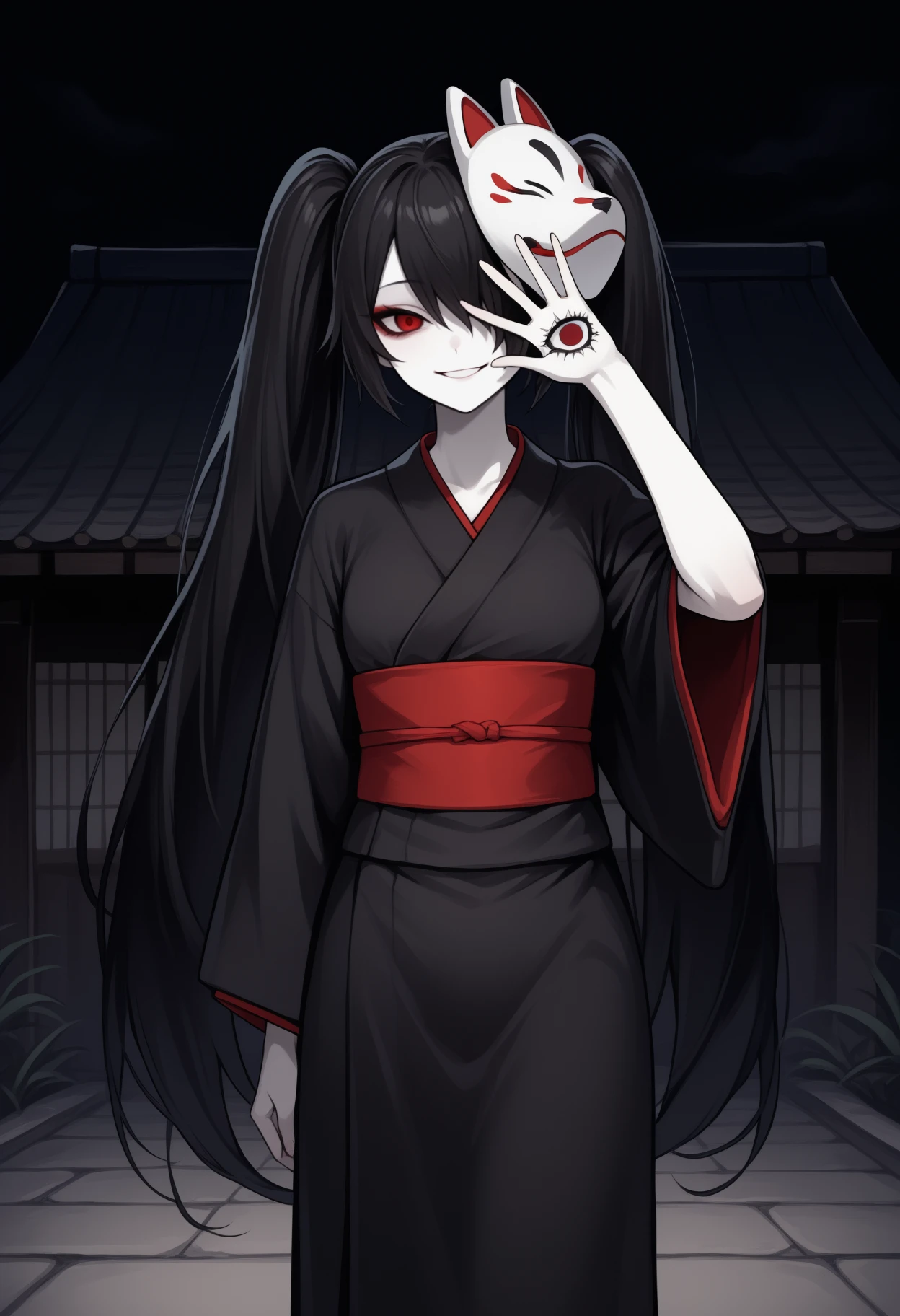 masterpiece, best quality, <break> solo, 1girl, rsutmkrmiku, pale skin, hand tattoo, smile, looking at viewer, standing, hand up, open hand, hand over eye, waving, long hair, black hair, twintails, fox mask, mask on head, red eyes, tsurime, one eye covered, japanese clothes, yukata, black kimono, right-over-left kimono, red sash, obi, outdoors, horror \(theme\), night, east asian architecture, dark background
<segment:yolo-Anzhc Face seg 640 v2 y8n.pt,0.4,0.5//cid=1>