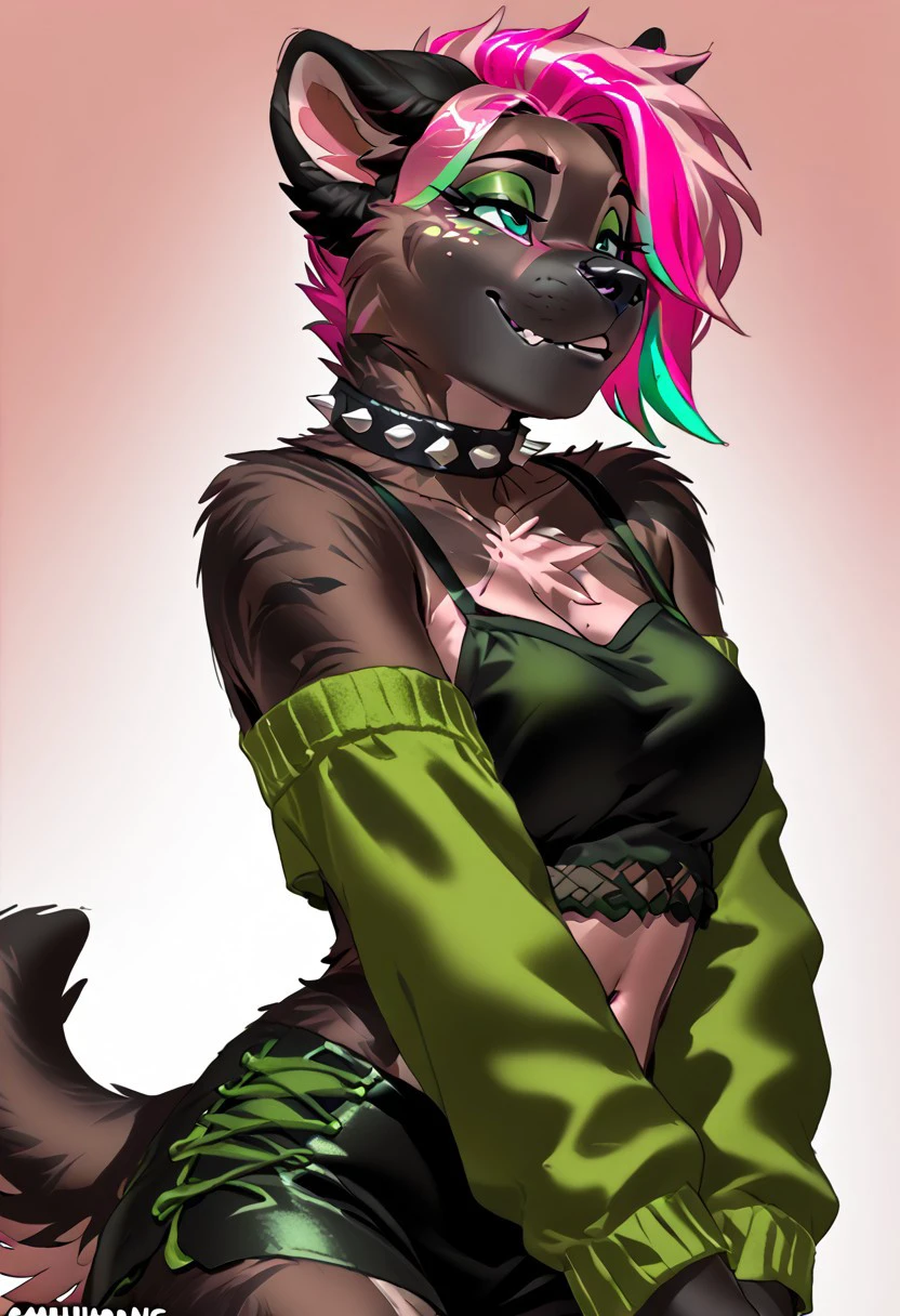 score_9, score_8_up, score_7_up, (by kittydee:1.5), (by jailbird:1.5), (by zummeng:1.5), masterpiece, best quality,    
(Furry Art: Anthro: Cane Corso:1.5), 1girl, expressive eyes, feminine eyes, perfect face, feminine face, dog, canine, cropped dog ears, cropped dog tail, dark fur, brindle fur, (pink hair with aqua green highlights:1.5), spiky hair, pixie cut hair, medium breasts, gothic clothing,