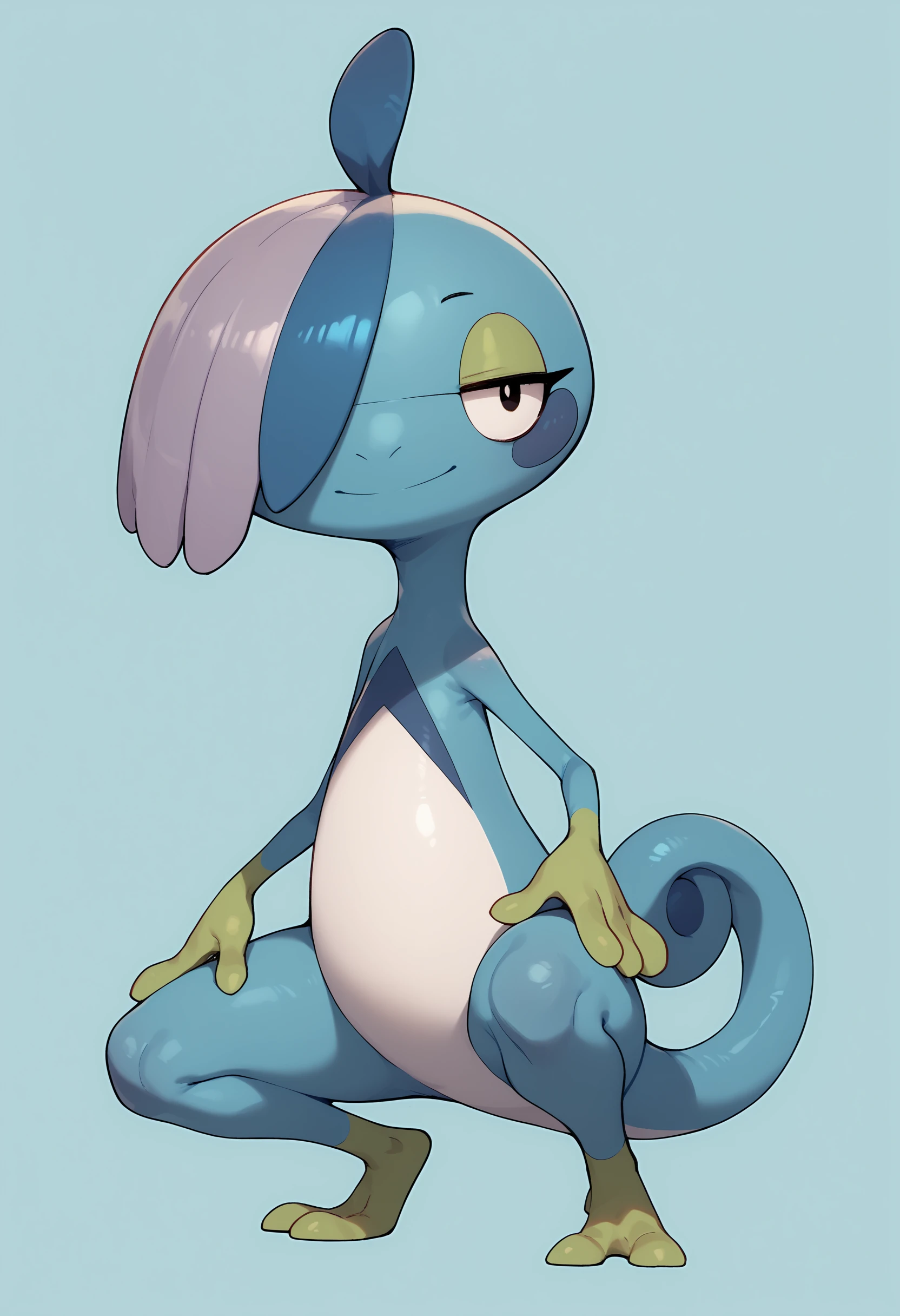 score_9, score_8_up, score_7_up, score_6_up, score_5_up, score_4_up, 1girl <lora:DrizzileF:0.85> ,drizzf, no humans, colored skin, blue skin, black eyes, furry, tail, full body, smile, hair over one eye,
light blue background, simple background,