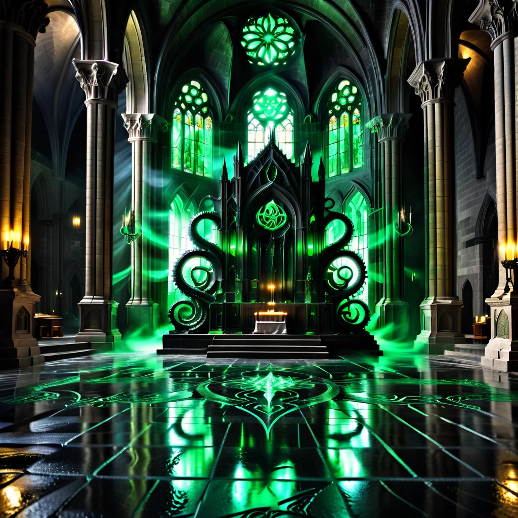 no humans, arch, crystal, cthulhu cathedral, scenery, stained glass, water, column, reflection, window, candle