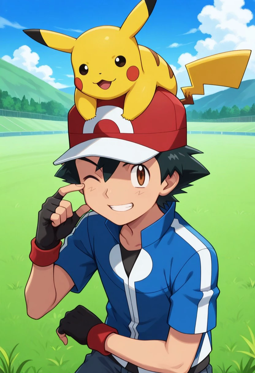 masterpiece, best quality, 
ashxyz, 1boy, male focus, solo, brown eyes, black hair, bangs, hat, baseball cap, red footwear, shirt, black shirt, jacket, blue jacket, short sleeves, gloves, black gloves, fingerless gloves, pikachu, pokemon (creature), pokemon on head, upper body, smile, grin, upper body, one eye closed,
outdoor, grass, sky,