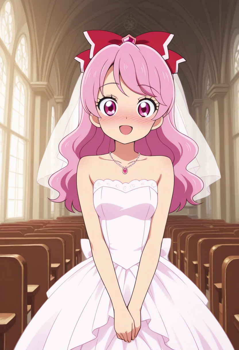 Masterpiece, great quality, humangarnet, jewelpet \(series\), 1girl, pink hair, solo, smile, open mouth, pink eyes, long hair, bow, hair ribbon, wedding dress, wedding veil, church, deep blush, blush, nose blush