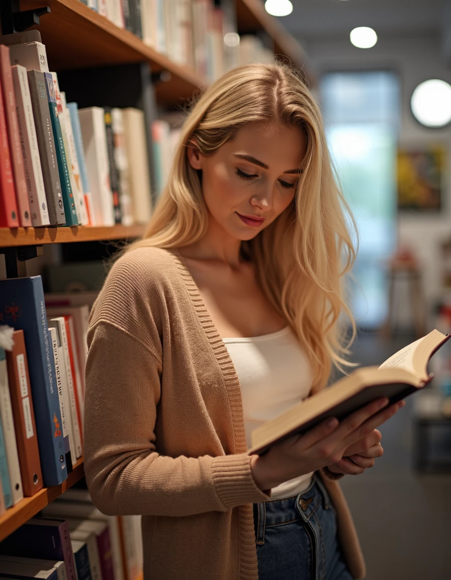 woman, bebahan, blonde, Browsing a bookstore wearing a light brown cardigan,  <lora:bebahanflux:1>