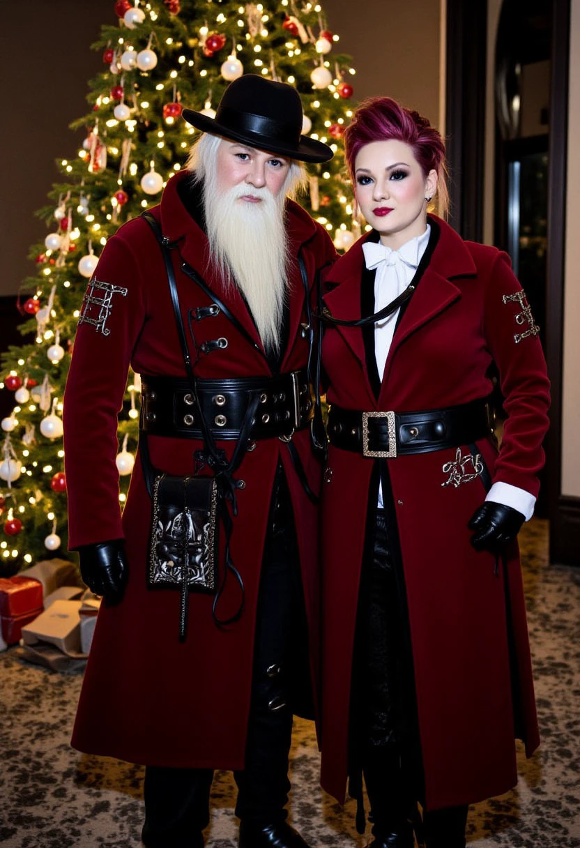 a photograph of a punkish gothic AmeshinBoo wearing a big red fashionable gothic punk Christmas coat designed by the real world versions of AmeshinTHERE and AmeshinSL, a photograph of reality, AmeshinBoo stands next to a traditional looking big fat Victorian traditional jolly Santa Claus taking a photo together in front of a big Christmas tree