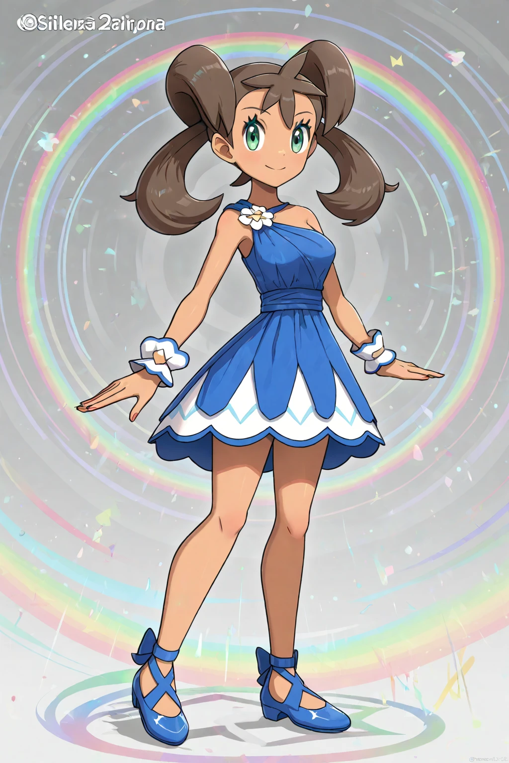 gonzarez, (1girl), solo, standing, rainbow, clouds, colorful,
full_body, character age 20, mature_female, arms_at_sides, blue_shoes,
ncserena ,dark-skinned female, twintails, brown hair, long hair, green eyes, dress, bare_shoulder, official_alternate_costume, wrist_cuffs, eyelashes, blue_dress, hair_ornament, shauna_\(pokemon\), mature female, character age 20, ,masterpiece,amazing quality,very aesthetic,high resolution,ultra-detailed,absurdres,newest