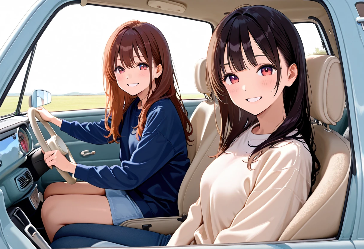 score_9,score_8_up,score_7_up,masterpiece,best quality,real,realstic,
2girls,,long hair,(smiling, , looking at viewer),(sitting in car seat),sitting in driver's seat,driving car,<lora:pao:1>,pao,