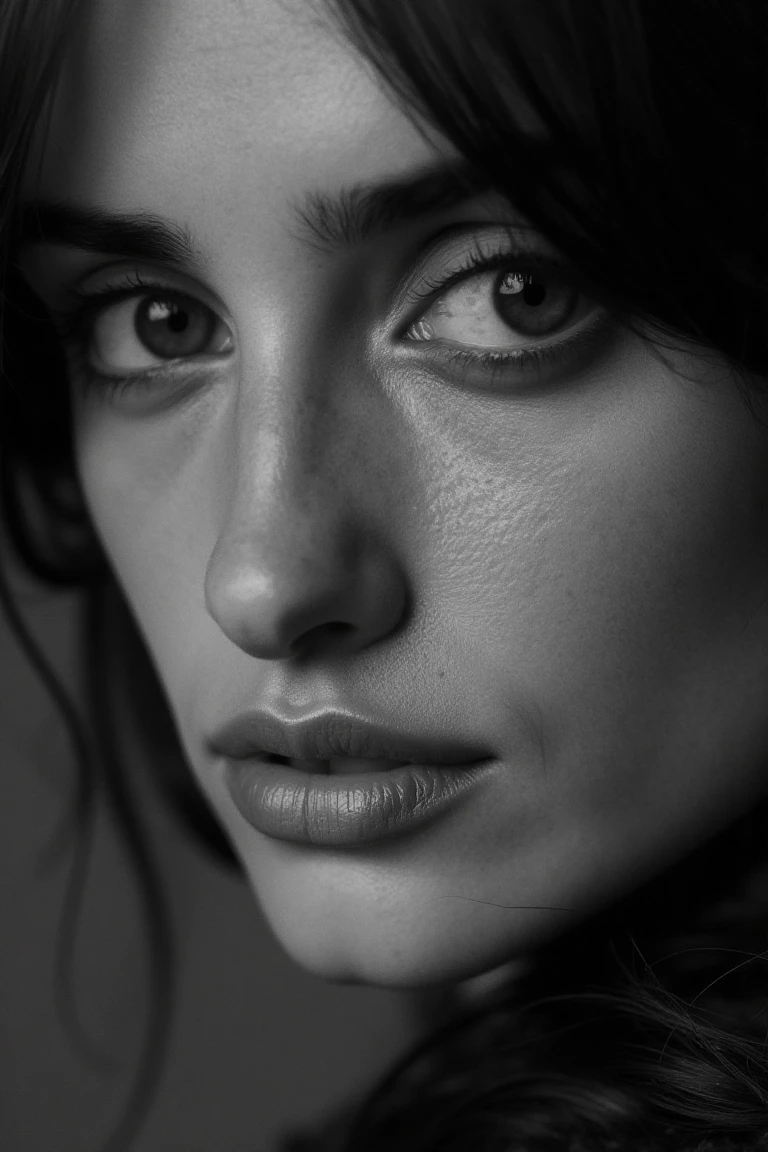 portrait inspired by Peter Lindbergh's photographic style of penelopflx, a woman looking directly into the camera with an intimate and deep expression. ** Lighting ** must be soft and natural,avoiding exaggerated perfection,and focusing on capturing the human essence and the natural beauty of women. Shadows and lights should accentuate the lines and textures of the face,highlighting its emotional and vulnerable expression. The woman's face is devoid of makeup or a very subtle touch,highlighting the authenticity and imperfection that Lindbergh valued in his portraits. The ** precise details ** include a deep look,with eyes that convey history,strength and fragility at the same time. The expression on her lips is relaxed,with a slight separation that adds a touch of naturalness and spontaneity. The texture of your skin,with all its small imperfections,pores and subtle wrinkles,should be faithfully captured,enhancing the real beauty without touch-ups or filters. The ** fundo ** is simple and out of focus,typically neutral,with shades of gray that do not distract attention from the face. The image uses minimal depth of field,with an absolute focus on the woman's face and the rest in a gentle blur. Black and white should be full of soft contrasts,but without losing the delicacy of the shadows,creating a raw,emotional and living environment. Make sure the image ** conveys a sense of humanity,authenticity and emotional connection **,key features of Peter Lindbergh'******. The woman must appear strong but accessible,showing her beauty without the need for ornaments,with a direct connection between her gaze and the viewer. ** Additional items ** are minimal,with all the attention on the woman's face and expression.