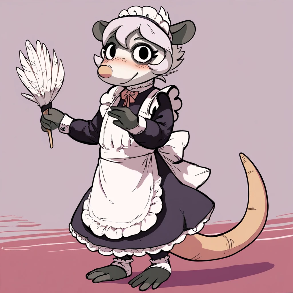 score_9, score_8_up, score_8, score_7, source_cartoon, source_furry, Solo, 1girl, anthro, furry female, young furry, Possum, American opossum, white fur, white hair, short hair, pink nose, black eyes, hairless tail, full body, looking at viewer, traditional maid outfit, holding feather duster, blush, smile, elegant hallway setting,