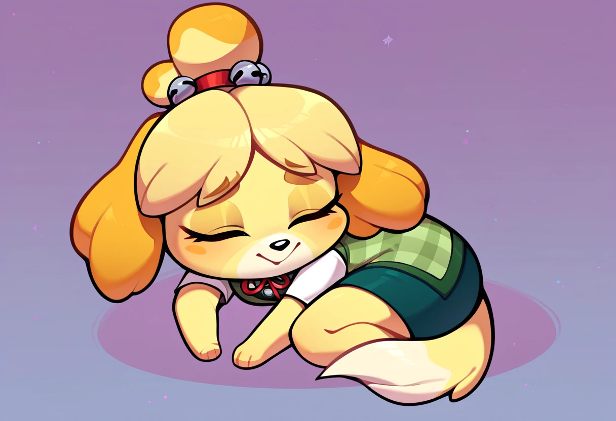 score_9_up, score_8_up, score_7_up, score_6_up, curled up, Isabelle \(animal crossing\), dog girl, 1girl, yellow fur, closed eyes, full body