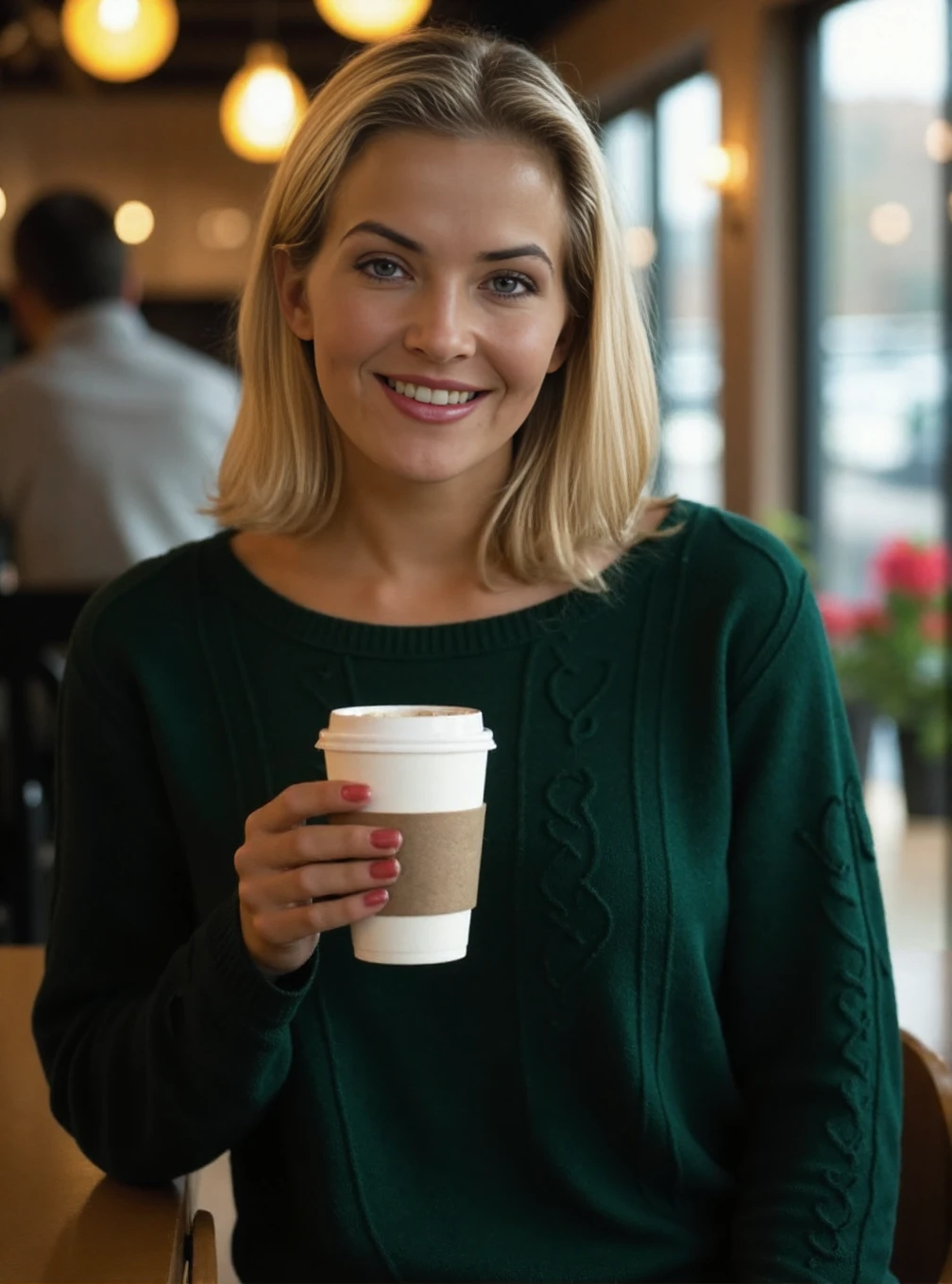 A professional photograph of a young Caucasian woman Jisel wearing a dark green cableknit sweater in a cafe, holding a latte. Short blonde hair in a bob, detailed skin, bokeh, female focus, (SFW), smile <lora:Brandy_Ledford:1>