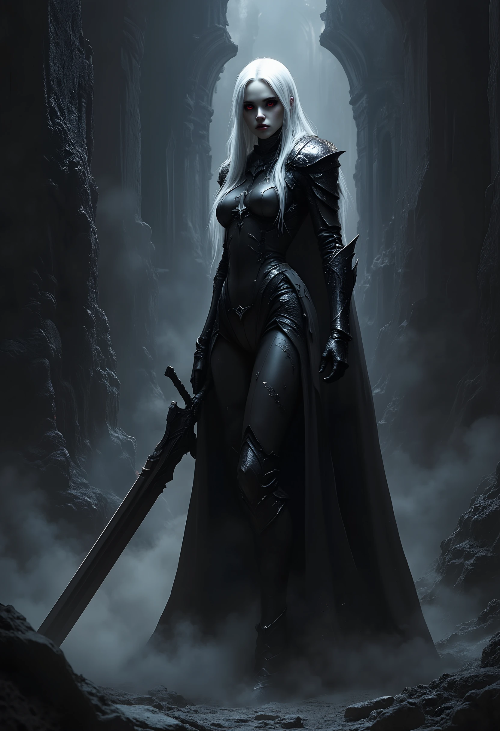 EE_DA,

A female death knight, fully armored in sleek, form-fitting black armor with sharp, angular designs, stands in the middle of a vast, ancient, crumbling temple. Her face is fully exposed, revealing her cold, emotionless expression, with glowing red eyes that swirl and flicker with an eerie, molten glow, adding an unsettling beauty to her deadly appearance. Her long white hair flows down to her knees, adding a sense of fluid movement. The armor is tight-fitting, with no flowing or dress-like parts, emphasizing her lethal and elegant form. She holds a massive black sword in one hand, its blade faintly gleaming in the dim light. The temple is bathed in darkness, with towering, cracked stone arches and walls shrouded in shadow. Black mist swirls around her feet, enhancing the dark, powerful atmosphere. The entire scene is dark and oppressive, with a single, dim light highlighting her graceful yet deadly presence.