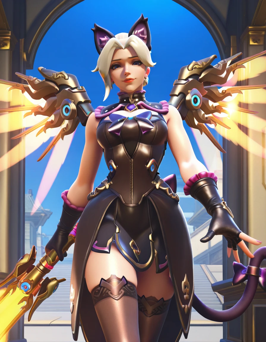 Masterpiece, high-res, 2k, best quality,   1 girl  , mercy (overwatch),  mercy kitty <lora:Mercy Kitty-000040:1> Reaching out with both hands