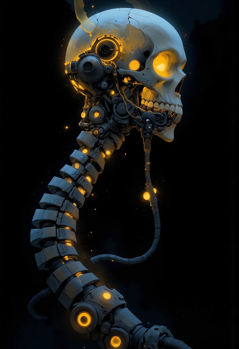 solo, teeth, black_background, 1other, science_fiction, cable, skeleton, mechanical_parts, tube, spine, solo, teeth, glowing, science_fiction, skull, cable, tube.
Niji style.