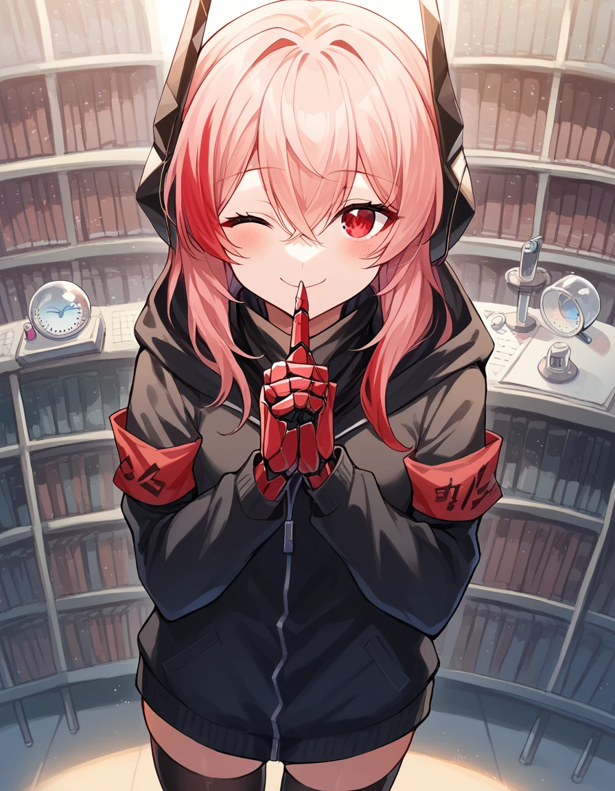 score_9, score_8_up, score_7_up, source_anime, <lora:girlsfrontline-m4-sopmod-ii-ponyxl-lora-nochekaiser:1>, m4 sopmod ii, hair between eyes, red eyes, pink hair, streaked hair, red hair, sidelocks, long hair, multicolored hair, two-tone hair,, armband, black gloves, black jacket, black scarf, black thighhighs, gloves, hair ornament, headgear, headphones, holster, hood, hooded jacket, jacket, mechanical hands, red armband, scarf, thighhighs, track jacket,, laboratory, beakers, microscope, scientist, experiments, , <lora:shushing-ponyxl-lora-nochekaiser:1>, shushing, finger to mouth, index finger raised, from above, library, smile, blush, one eye closed, dutch angle,, looking at viewer, solo,, dutch angle, cowboy shot