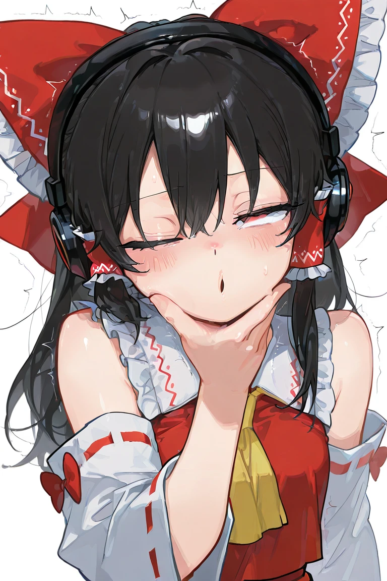 masterpiece, best quality, amazing quality, very aesthetic, absurdres,  


, ohogao,  half-closed eyes, trembling,  rolling eyes, chestnut_mouth,  151moneco, hakurei reimu, touhou, 1girl,  , ascot, black hair, black headphones, blush, bow,   collared shirt, detached sleeves, frilled bow, frilled hair tubes, frilled shirt collar, frills, hair bow, hair tubes, hand up, long hair, looking at viewer, one eye closed, red bow, red eyes, red shirt, ribbon-trimmed sleeves, ribbon trim, shirt, sidelocks, simple background, sleeveless, sleeveless shirt,  , solo, upper body, white background, white sleeves, yellow ascot

masterpiece, best quality, amazing quality, very aesthetic, absurdres