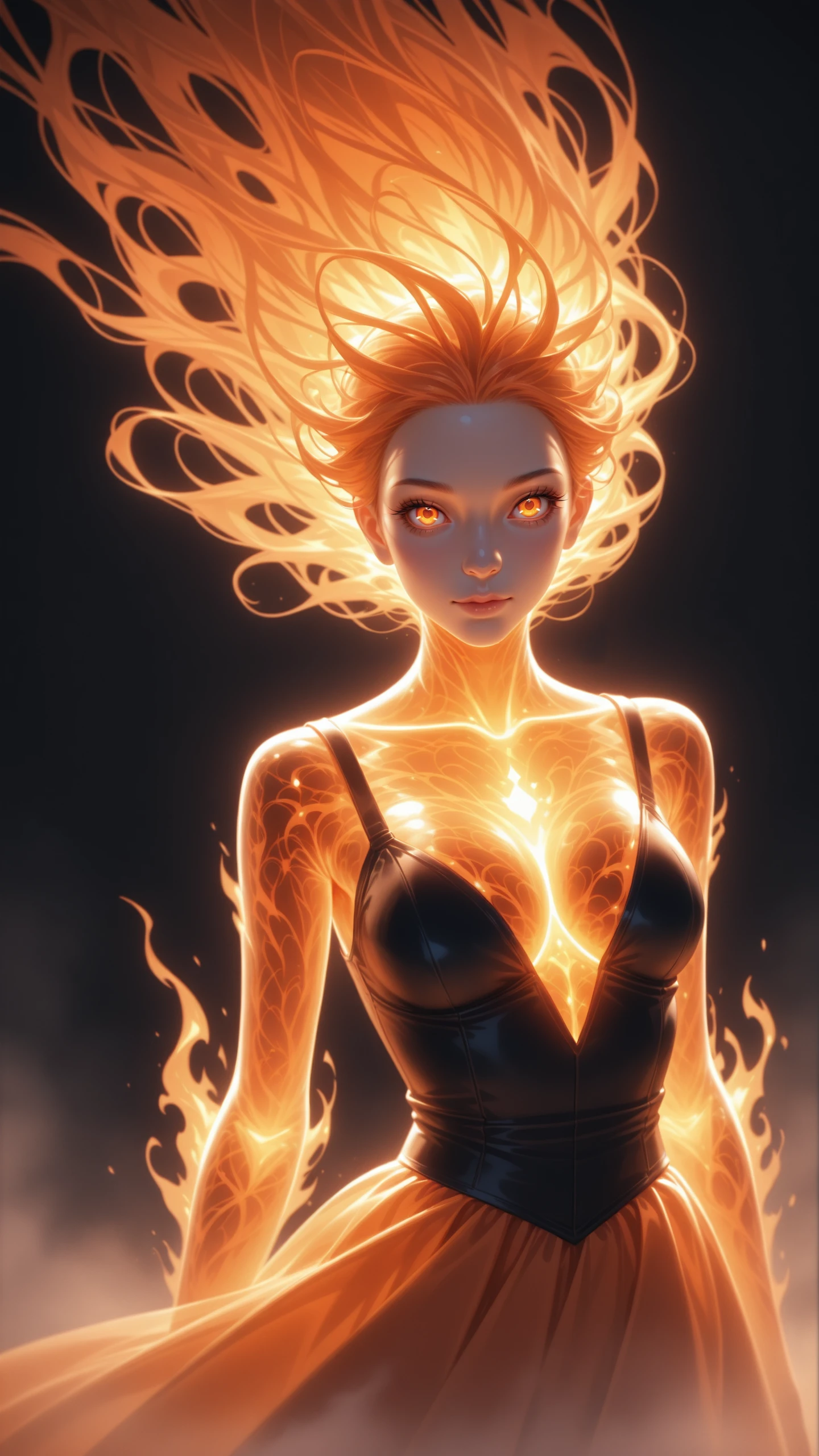 fujifilm xt, realistic, dynamic angle, masterpiece, best quality, 8k, realistic, beautiful, hrtglwIL, transparent body, glowing body, high-resolution, realistic, portrait, a woman, extreme long hair, elemental, floating, dress is swirling in the wind, black background, red and orange neon grading, fire, shadows, dynamic, face focus, fog, eyelashes, looking at viewer, hip level shot, magical, summon fire magic, <lora:reij-hrtglwIL:0.6>