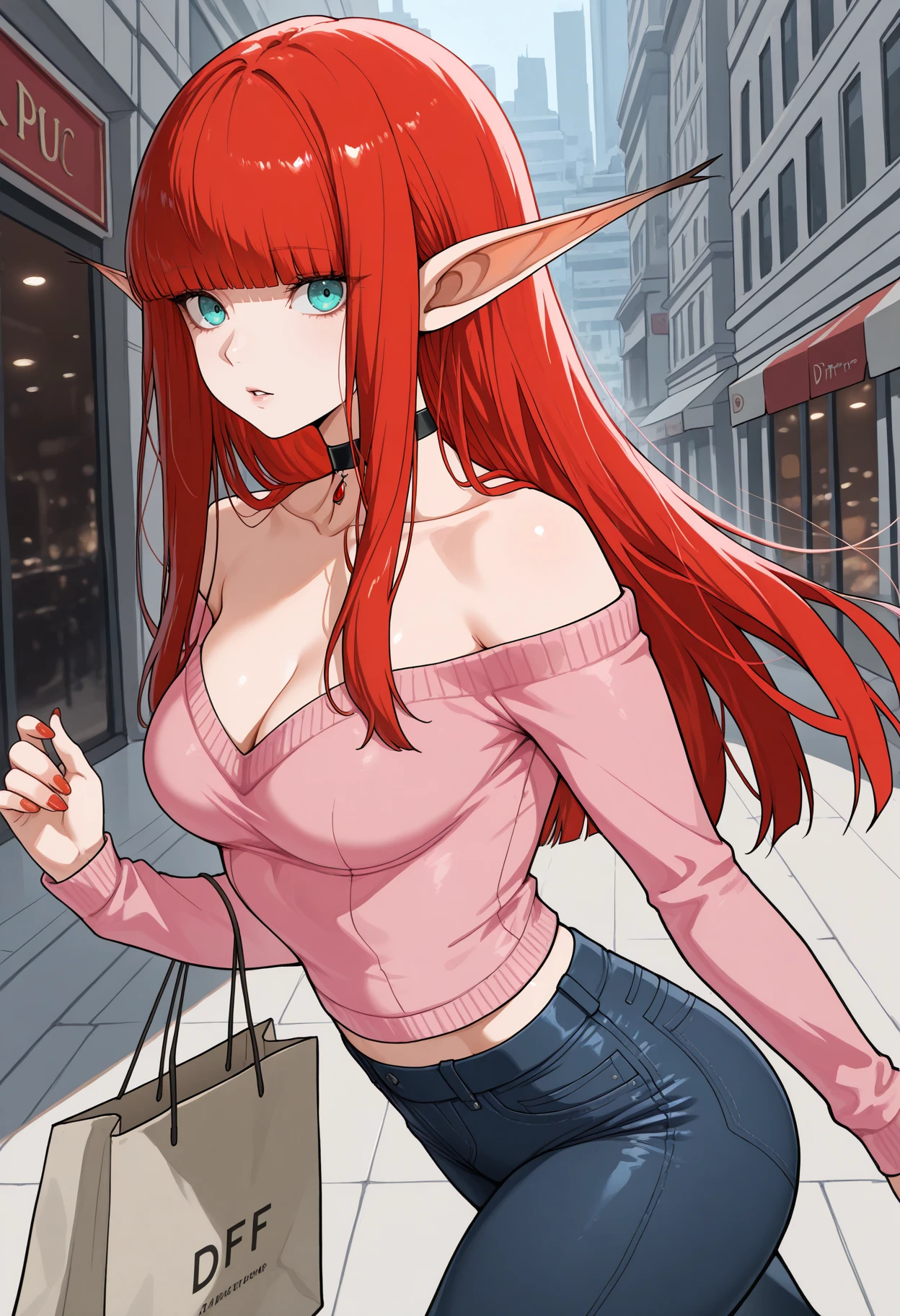 masterpiece, best quality, 1girl, solo, walking, parted lips, from side, looking at viewer, shopping bag, red nails, <lora:HulkenbergMR-illu:1> dfHbrg, red hair, long hair, blunt bangs, sidelocks, aqua eyes, pointy ears, pink sweater, off-shoulder shirt, medium breasts, cleavage, collarbone, black choker, pendant choker, midriff peek, jeans, tight pants, city