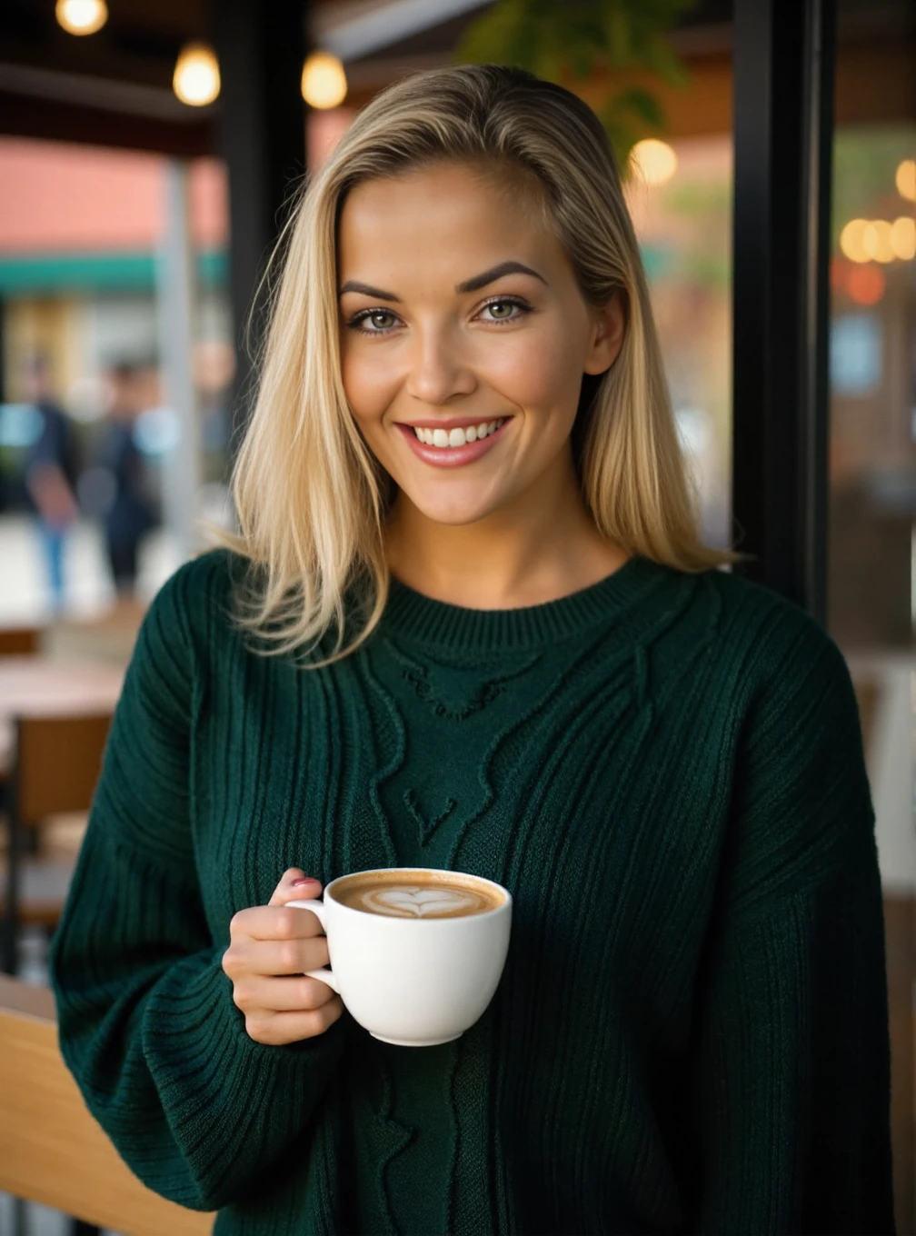 A professional photograph of a young Caucasian woman Jisel wearing a dark green cableknit sweater in a cafe, holding a latte. Blonde hair, light make-up, detailed skin, bokeh, female focus, (SFW), smile <lora:Brandy_Ledford:1>