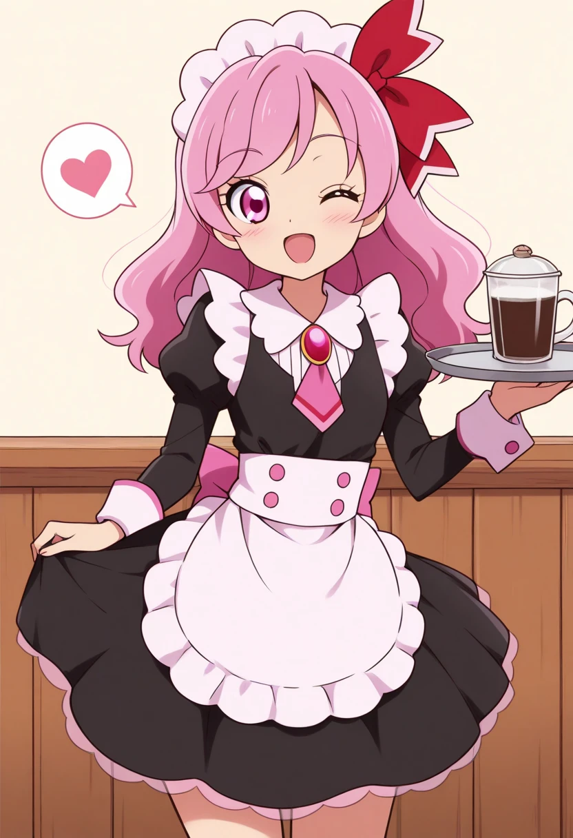 Masterpiece, great quality, humangarnet, jewelpet \(series\), 1girl, pink hair, solo, smile, open mouth, pink eyes, long hair, bow, hair ribbon, cafe, tray, maid outfit, maid headdress, wink, one eye closed, spoken heart, 