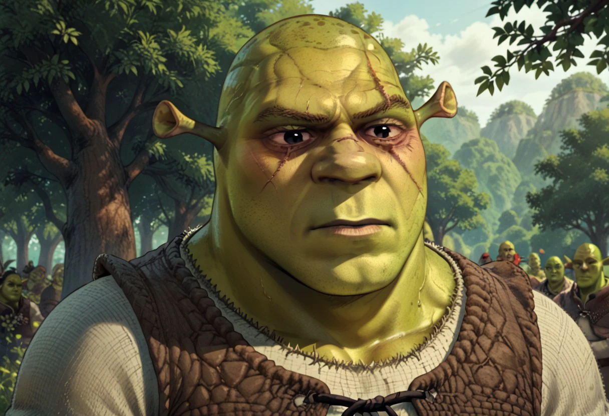 male focus, score_9, score_8_up, score_7_up, 1boy, shrek, green skin, bald, Ogre ears, WitcherToxinV1, veins, scars, scar, Heavytoxin, black eyes,