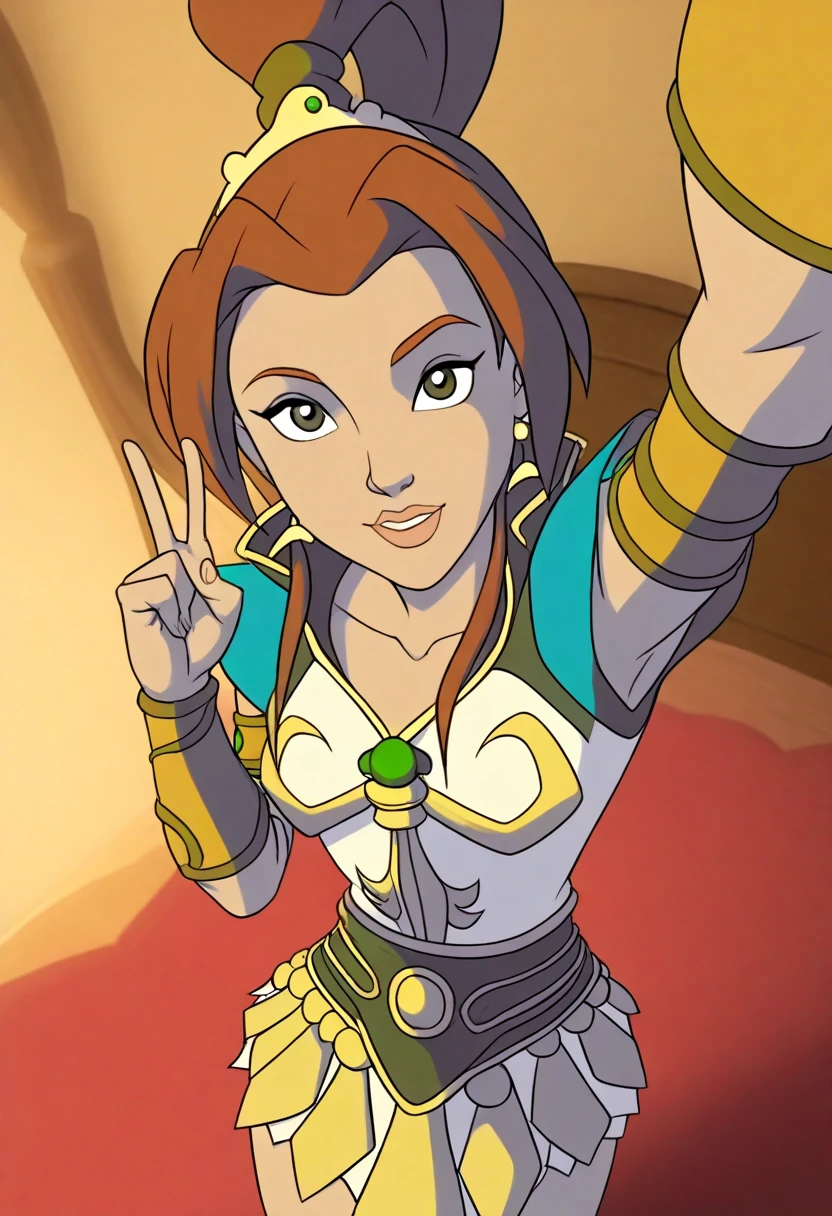 1girl,,best quality,masterpiece, teela2k2, upper ponytail, 
 selfie, arm up, foreshortening, looking at viewer, outstretched arm, reaching, reaching towards viewer, clothed, castle bedroom interior