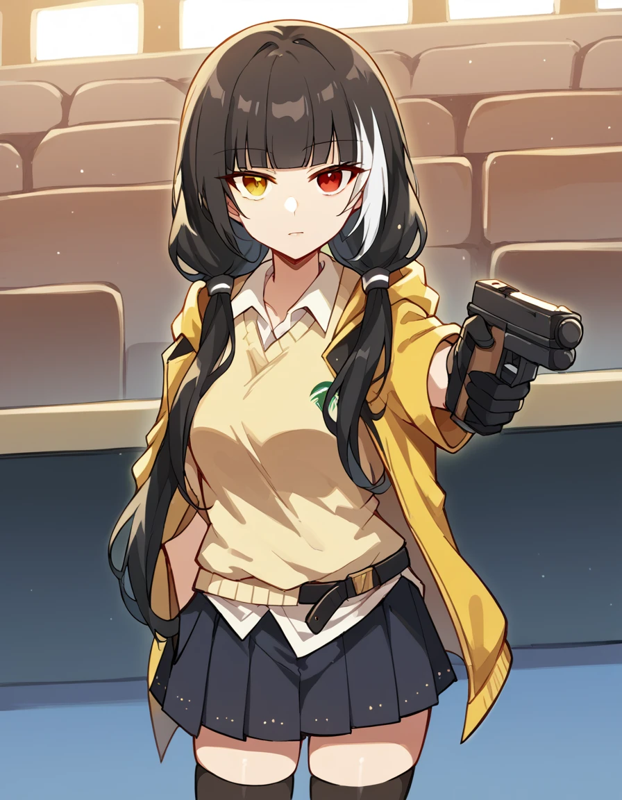 score_9, score_8_up, score_7_up, source_anime, <lora:girlsfrontline-ro635-ponyxl-lora-nochekaiser:1>, ro635, black hair, twintails, heterochromia, red eyes, yellow eyes, streaked hair, white hair, blunt bangs, low-tied twintails, long hair, multicolored hair,, shirt, white shirt, sweater vest, belt, black gloves, black skirt, hood, hood jacket, jacket, kneehighs, pleated skirt, over-kneehighs, skirt, thighhighs, yellow jacket,, cafe, coffee cup, barista, sitting down, talking, relaxing, sunlight through window, , <lora:yusuf-dikec-ponyxl-lora-nochekaiser:1> yusuf dikec, yusuf dikec (meme), meme, hand in pocket, handgun, holding gun, gun, shirt, t-shirt, pants, audience, cowboy shot,, looking at viewer, solo,, dutch angle, cowboy shot