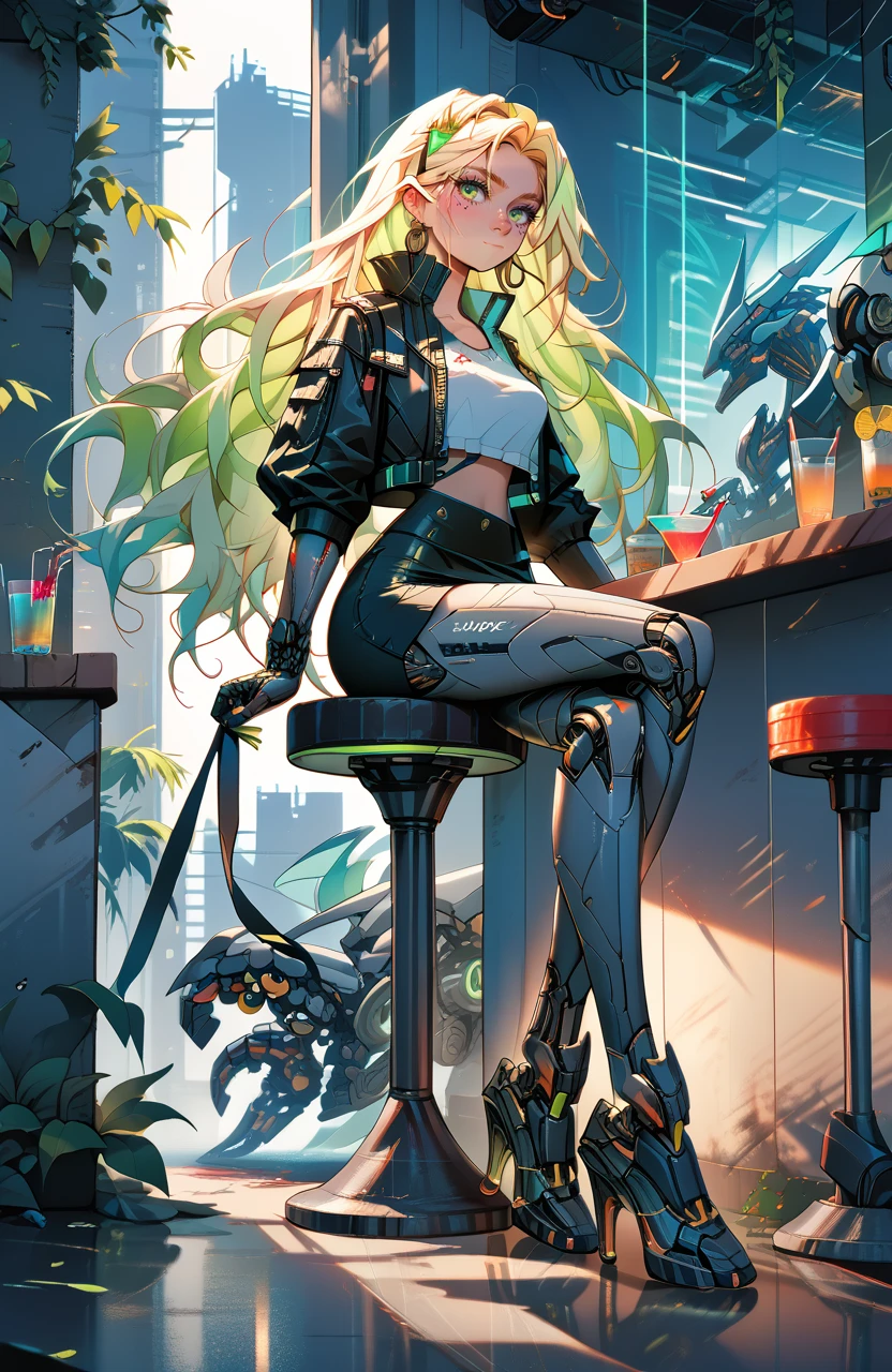 score_9, score_8_up, score_7_up, score_6_up, 
cyberpunk,(very long silky straight hair:1.2),stunningly gorgeous and sexy rapunzelwaifu is sitting on a barstool in a bar,she is wearing a shiny cropped leather jacket with glowing high tech accents and a black leather mini-skirt,crossed legs,(intricate mechanical arms, mechanical hands, mechanical legs, mechanical shoes, high heels:1.1),perfect green eyes,blonde,hoop earrings,polished chrome limbs,vibrant city lights,dark and gritty atmosphere,glowing neon highlights,back lighting,light passing through hair,window with a view of the city at night,low light,darkness,cocktail,dutch angle,, score_9,score_8_up,score_7_up,beast_quality,masterpiece,
detailxl_xl,  ImgFixerPre0.3_xl,  <lora:Vivid Midjourney mimic - XL SDXL v2.0:0.8>,   <lora:incase-ilff-v3-4:0.4>,  <lora:gr33nXLP:0.5> gr33n, plant, flower,<lora:Dystopian Anime_epoch_15:1>,