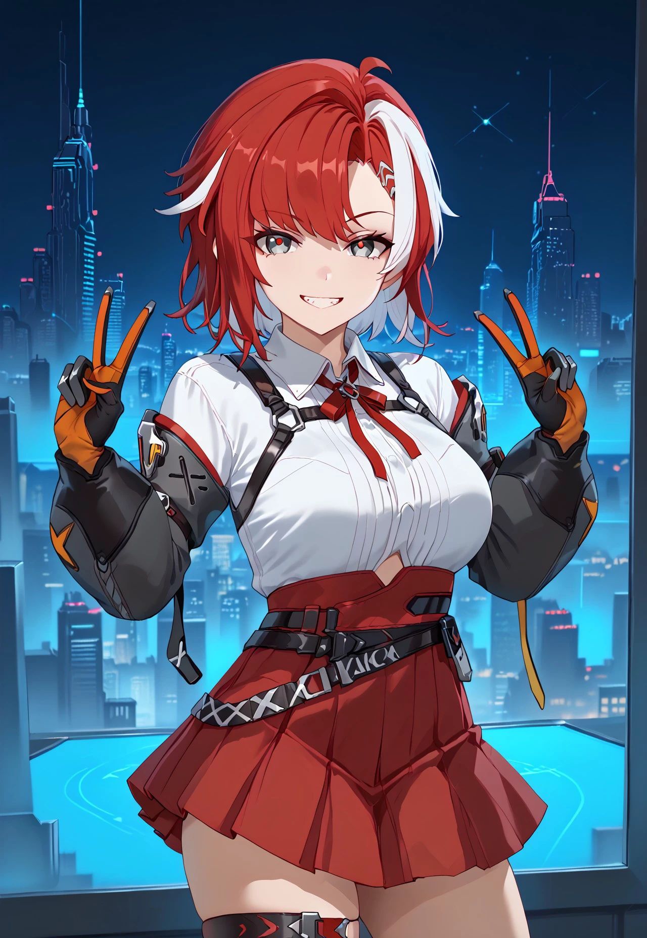 1girl, solo, solo focus, highres, absurdres, Aika, red hair, multicolored hair, white hair, streaked hair, bangs, short hair, two-tone hair, hair ornament, grey eyes, 

white shirt, red skirt, gloves, pleated skirt, collared shirt, black gloves, red ribbon, thigh strap, neck ribbon, long sleeves, mechanical arms, belt, high-waist skirt,

looking at viewer, double v, grin, smug,

science fiction, cityscape, neon lights, night, night sky, backlighting,